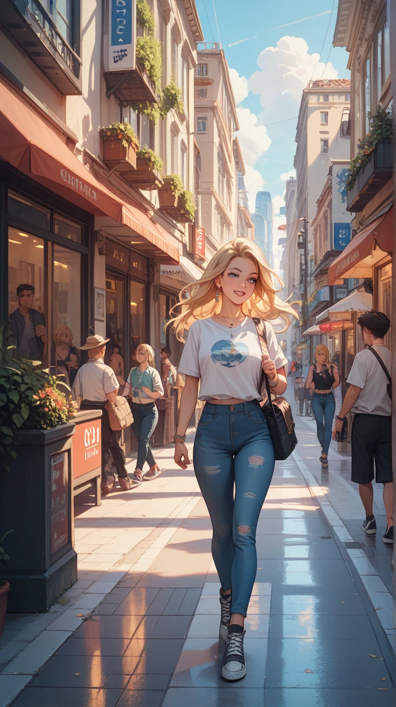 A stunning blonde woman with curves to die for, showcasing her ample assets in a fitted white t-shirt and skintight jeans, strolling through a bustling American shopping mall. Impressionist style, vibrant colors, crisp details, capturing the energy and excitement of the environment.