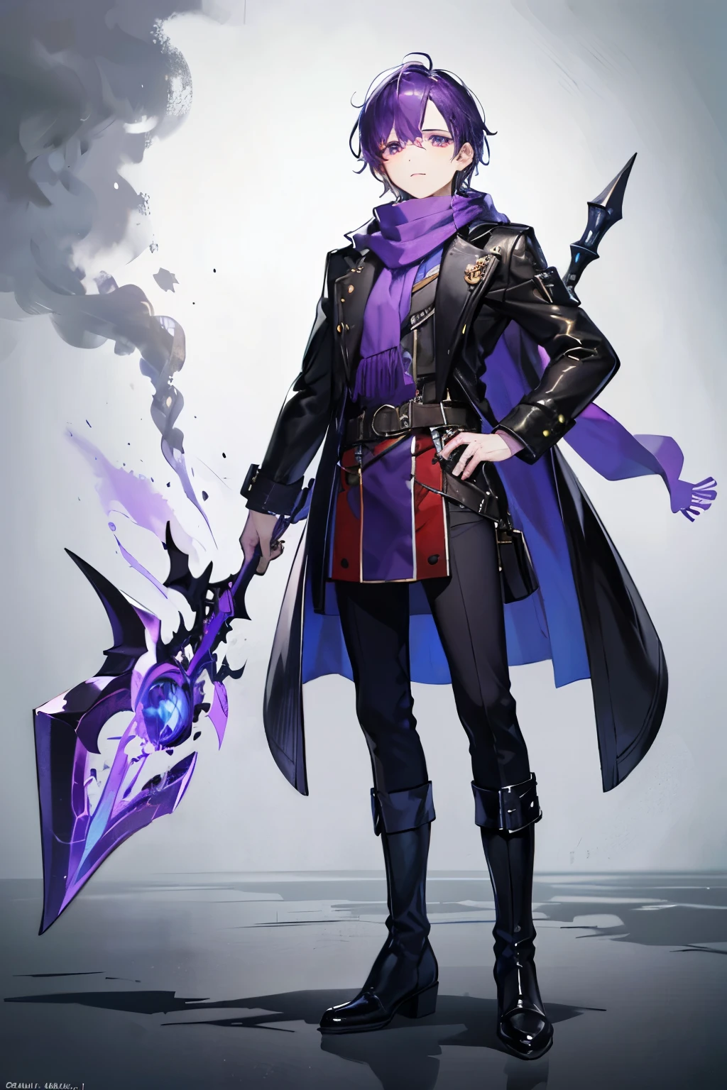 (masterpiece, top quality, best quality), Boy, Purple hair wizard, With leather boots and clothes of the same material, with purple scarf, Steam Style, full body