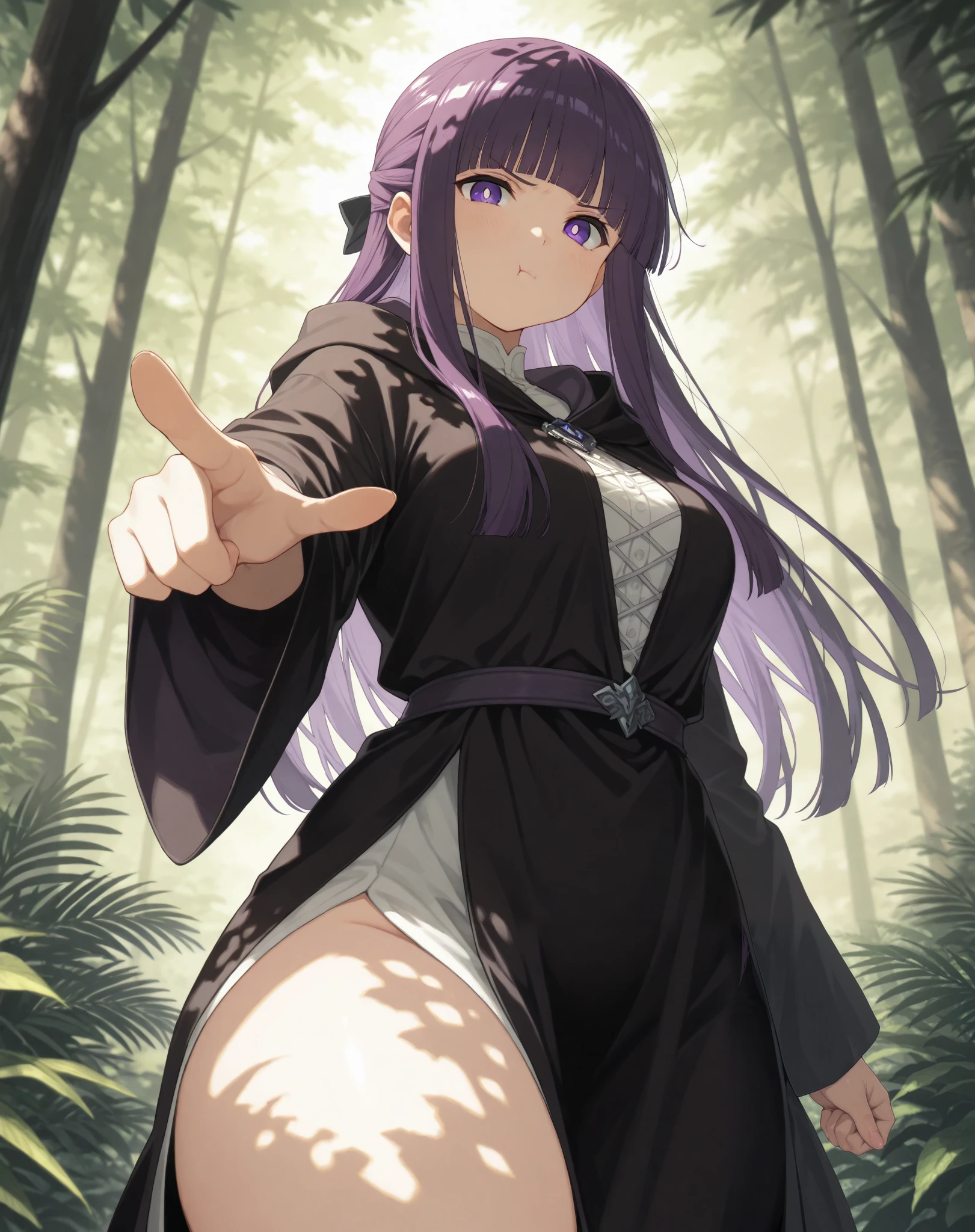 masterpiece, best quality, solo, fern, long hair, bangs, purple eyes, purple hair, sidelocks, blunt bangs, bright pupils, half updo, medium breasts, thick thighs, black robe, looking at viewer, outdoors, medieval fantasy, pointing at viewer, dappled sunlight, pout, tsundere
