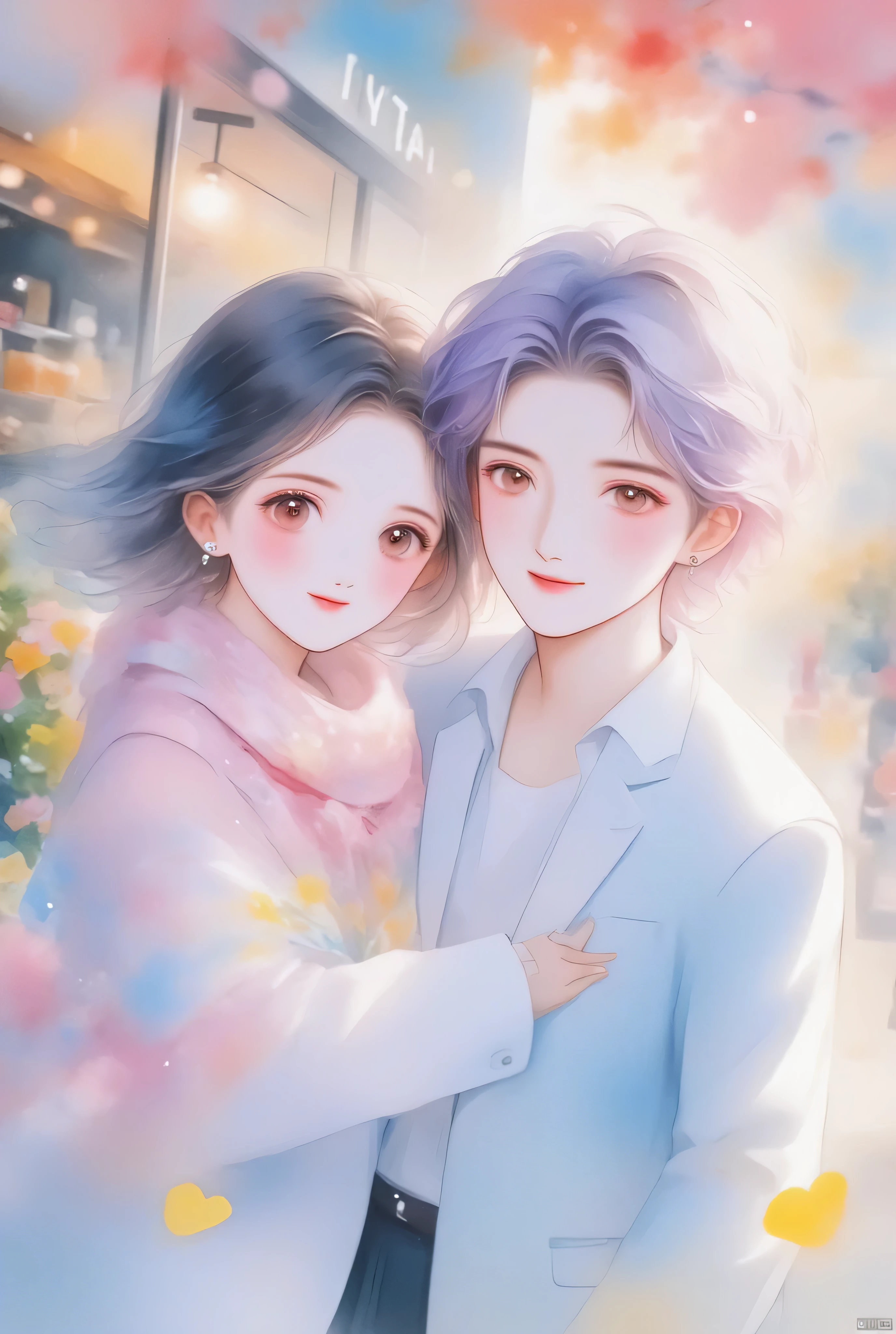 anime couple、watercolor animated illustration 、 landmine Kpop holiday 、Couple selfie 、 happy face、Young Couple Photos 、noon、By the wall of a coffee shop 、With my girlfriend with black short hair、My boyfriend with light purple short hair、Couple taking selfies、 stylish boy model dressed as a cool guy、 one beautiful young cute girl wrapped in a beautiful scarf、 cute expression 、bisexual 、 cool、Light purple hair color、Short Hair、 arranged hair 、Handsome Hair、Small face、 white skin、Neutral face、Cool guy、 cute face 、 cool sharp eyes 、Light blue eyes、sharp thin eyebrows 、 Tall、 style with 2 hands、 I like cool stuff 、Black school uniform、 wrap a scarf around your neck、Age 19、 half Japanese and Korean man 、Fascinating fans、Seduce、 beautiful photo 、masterpiece、 best quality 、 HD、 Fantastic 、 the background is bright 、Photographed from diagonally above、 beautiful portrait、 menswear makeup 、 Anime Makeup 、 cute girl with piercings 、 has a story like a K-drama 、Let's make happy memories together