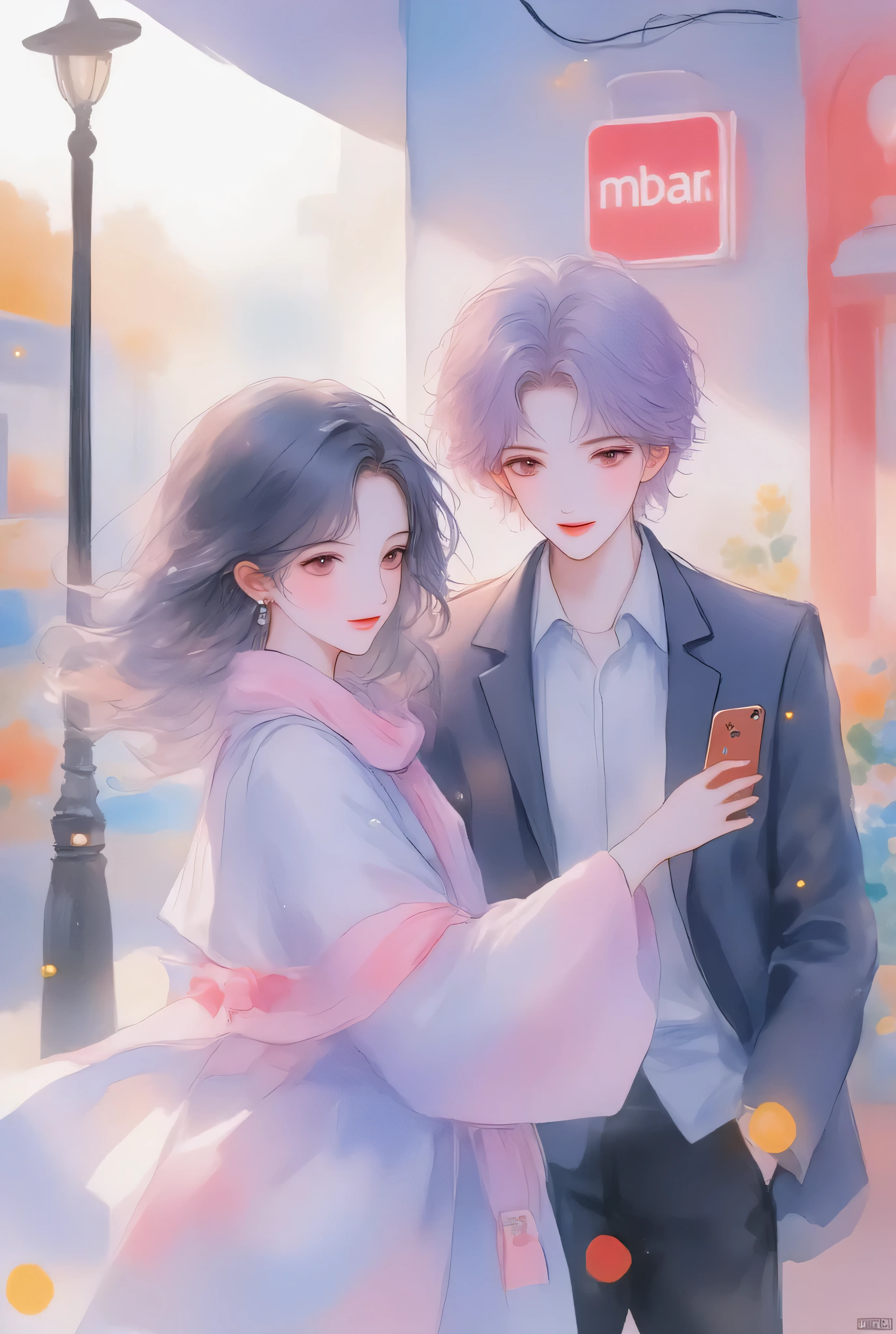 anime couple、watercolor animated illustration 、 landmine Kpop holiday 、Couple selfie 、 happy face、Young Couple Photos 、noon、By the wall of a coffee shop 、With my girlfriend with black short hair、My boyfriend with light purple short hair、Couple taking selfies、 stylish boy model dressed as a cool guy、 one beautiful young cute girl wrapped in a beautiful scarf、 cute expression 、bisexual 、 cool、Light purple hair color、Short Hair、 arranged hair 、Handsome Hair、Small face、 white skin、Neutral face、Cool guy、 cute face 、 cool sharp eyes 、Light blue eyes、sharp thin eyebrows 、 Tall、 style with 2 hands、 I like cool stuff 、Black school uniform、 wrap a scarf around your neck、Age 19、 half Japanese and Korean man 、Fascinating fans、Seduce、 beautiful photo 、masterpiece、 best quality 、 HD、 Fantastic 、 the background is bright 、Photographed from diagonally above、 beautiful portrait、 menswear makeup 、 Anime Makeup 、 cute girl with piercings 、 has a story like a K-drama 、Let's make happy memories together