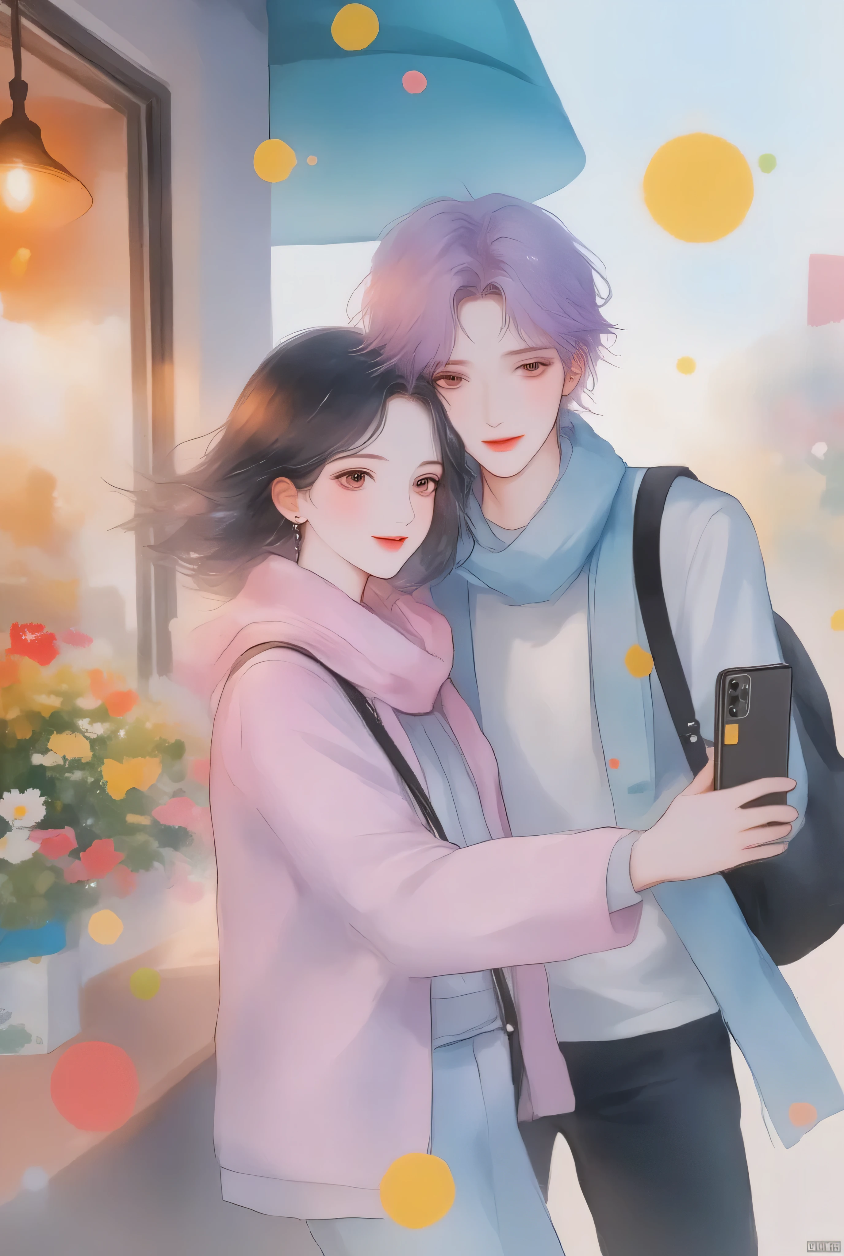 anime couple、watercolor animated illustration 、 landmine Kpop holiday 、Couple selfie 、 happy face、Young Couple Photos 、noon、By the wall of a coffee shop 、With my girlfriend with black short hair、My boyfriend with light purple short hair、Couple taking selfies、 stylish boy model dressed as a cool guy、 one beautiful young cute girl wrapped in a beautiful scarf、 cute expression 、bisexual 、 cool、Light purple hair color、Short Hair、 arranged hair 、Handsome Hair、Small face、 white skin、Neutral face、Cool guy、 cute face 、 cool sharp eyes 、Light blue eyes、sharp thin eyebrows 、 Tall、 style with 2 hands、 I like cool stuff 、Black school uniform、 wrap a scarf around your neck、Age 19、 half Japanese and Korean man 、Fascinating fans、Seduce、 beautiful photo 、masterpiece、 best quality 、 HD、 Fantastic 、 the background is bright 、Photographed from diagonally above、 beautiful portrait、 menswear makeup 、 Anime Makeup 、 cute girl with piercings 、 has a story like a K-drama 、Let's make happy memories together