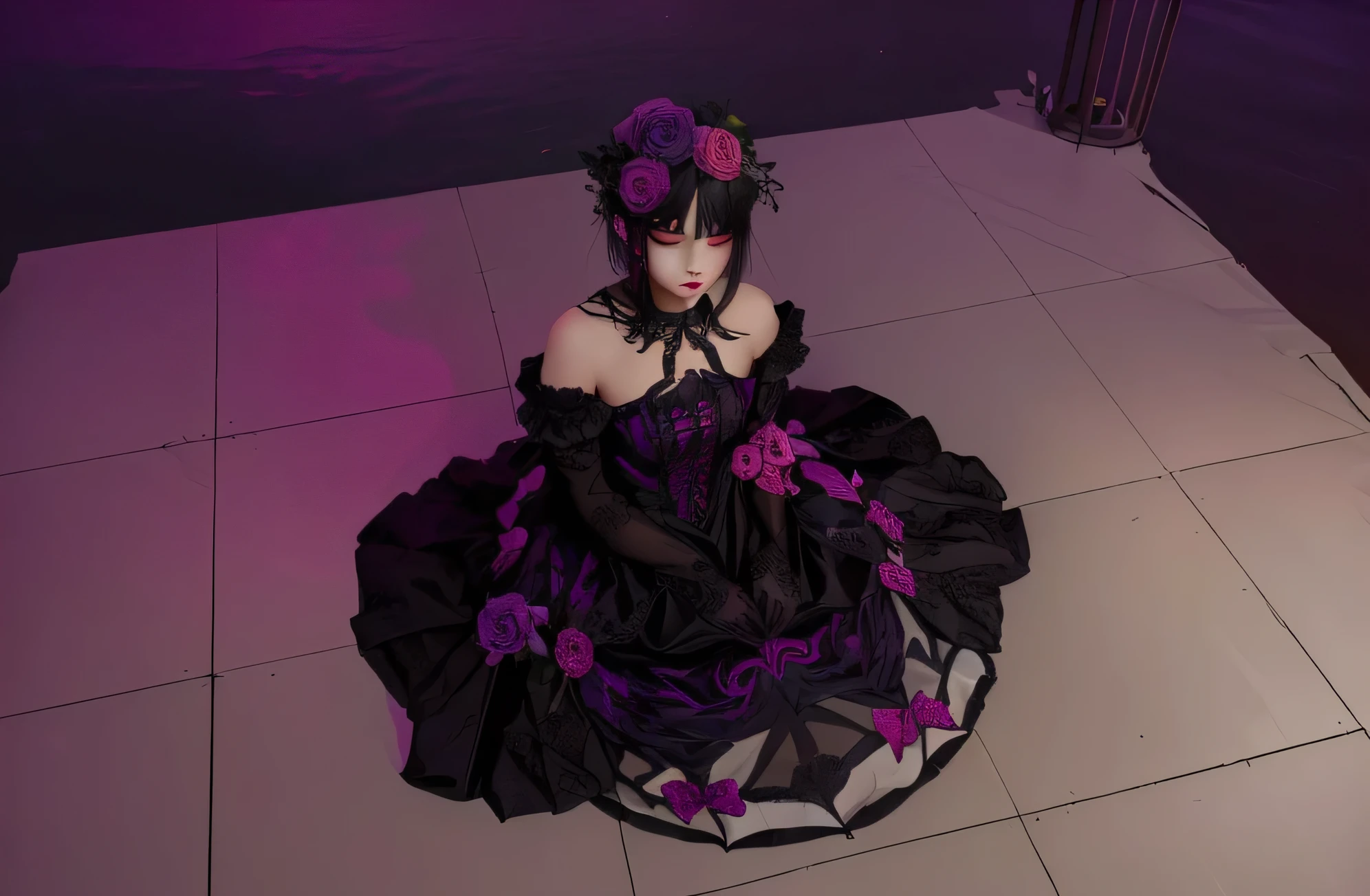 Girl, purple hair, red and white dress, Holes for Eyes, bleeding eyes, Horror, red bow in the hair