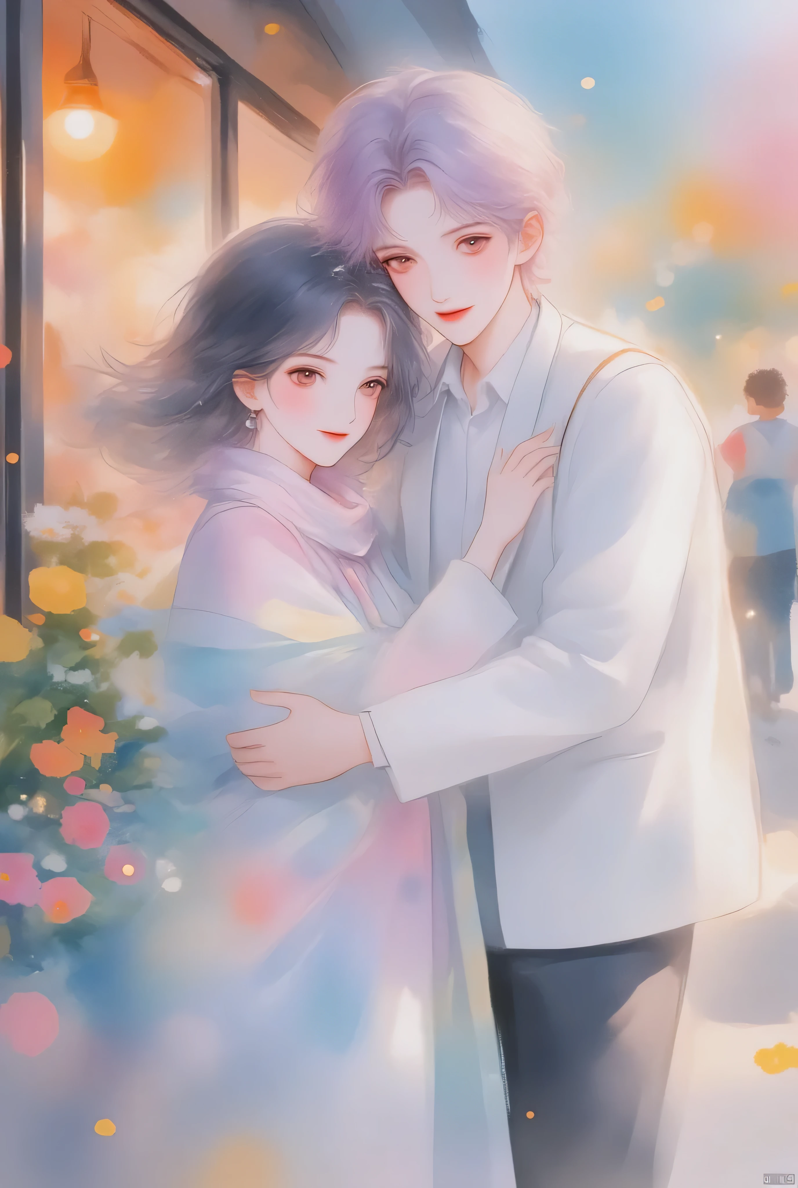 anime couple、watercolor animated illustration 、 landmine Kpop holiday 、Couple selfie 、 happy face、Young Couple Photos 、noon、By the wall of a coffee shop 、With my girlfriend with black short hair、My boyfriend with light purple short hair、Couple taking selfies、 stylish boy model dressed as a cool guy、 one beautiful young cute girl wrapped in a beautiful scarf、 cute expression 、bisexual 、 cool、Light purple hair color、Short Hair、 arranged hair 、Handsome Hair、Small face、 white skin、Neutral face、Cool guy、 cute face 、 cool sharp eyes 、Light blue eyes、sharp thin eyebrows 、 Tall、 style with 2 hands、 I like cool stuff 、Black school uniform、 wrap a scarf around your neck、Age 19、 half Japanese and Korean man 、Fascinating fans、Seduce、 beautiful photo 、masterpiece、 best quality 、 HD、 Fantastic 、 the background is bright 、Photographed from diagonally above、 beautiful portrait、 menswear makeup 、 Anime Makeup 、 cute girl with piercings 、 has a story like a K-drama 、Let's make happy memories together