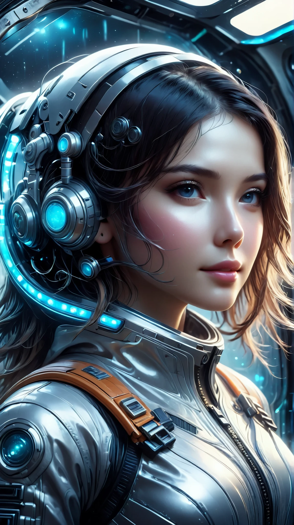 a futuristic astronaut in a space capsule, control panel, high-tech interior , Metallic and glass materials , atmospheric lighting , dramatic cinematographic composition , intricate details, photorealistic, artistic style concept