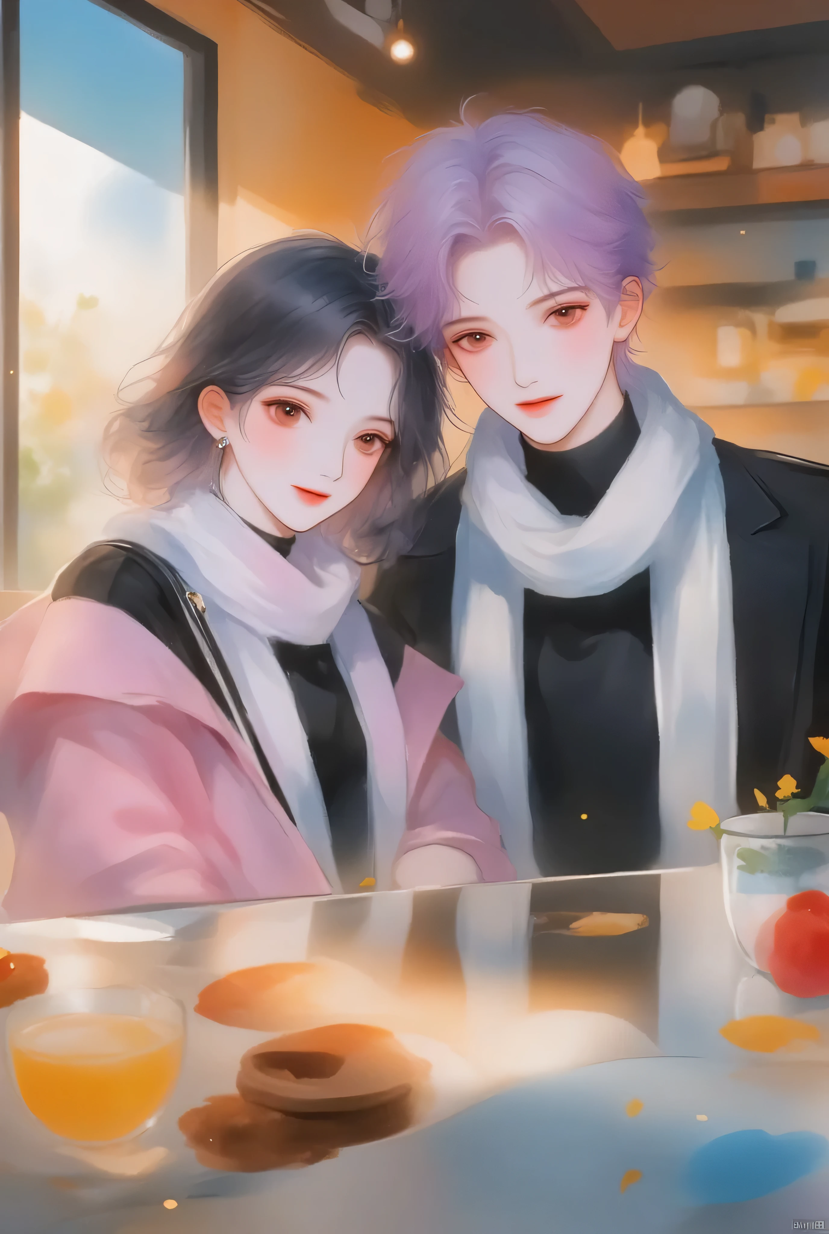 anime couple、watercolor animated illustration 、 landmine Kpop holiday 、Couple selfie 、 happy face、Young Couple Photos 、noon、In a coffee shop、Drink coffee together、With my girlfriend with black short hair、My boyfriend with light purple short hair、Couple taking selfies、 stylish boy model dressed as a cool guy、 one beautiful young cute girl wrapped in a beautiful scarf、 cute expression 、bisexual 、 cool、Light purple hair color、Short Hair、 arranged hair 、Handsome Hair、Small face、 white skin、Neutral face、Cool guy、 cute face 、 cool sharp eyes 、Light blue eyes、sharp thin eyebrows 、 Tall、 style with 2 hands、 I like cool stuff 、Black school uniform、 wrap a scarf around your neck、Age 19、 half Japanese and Korean man 、Fascinating fans、Seduce、 beautiful photo 、masterpiece、 best quality 、 HD、 Fantastic 、 the background is bright 、Photographed from diagonally above、 beautiful portrait、 menswear makeup 、 Anime Makeup 、 cute girl with piercings 、 has a story like a K-drama 、Let's make happy memories together