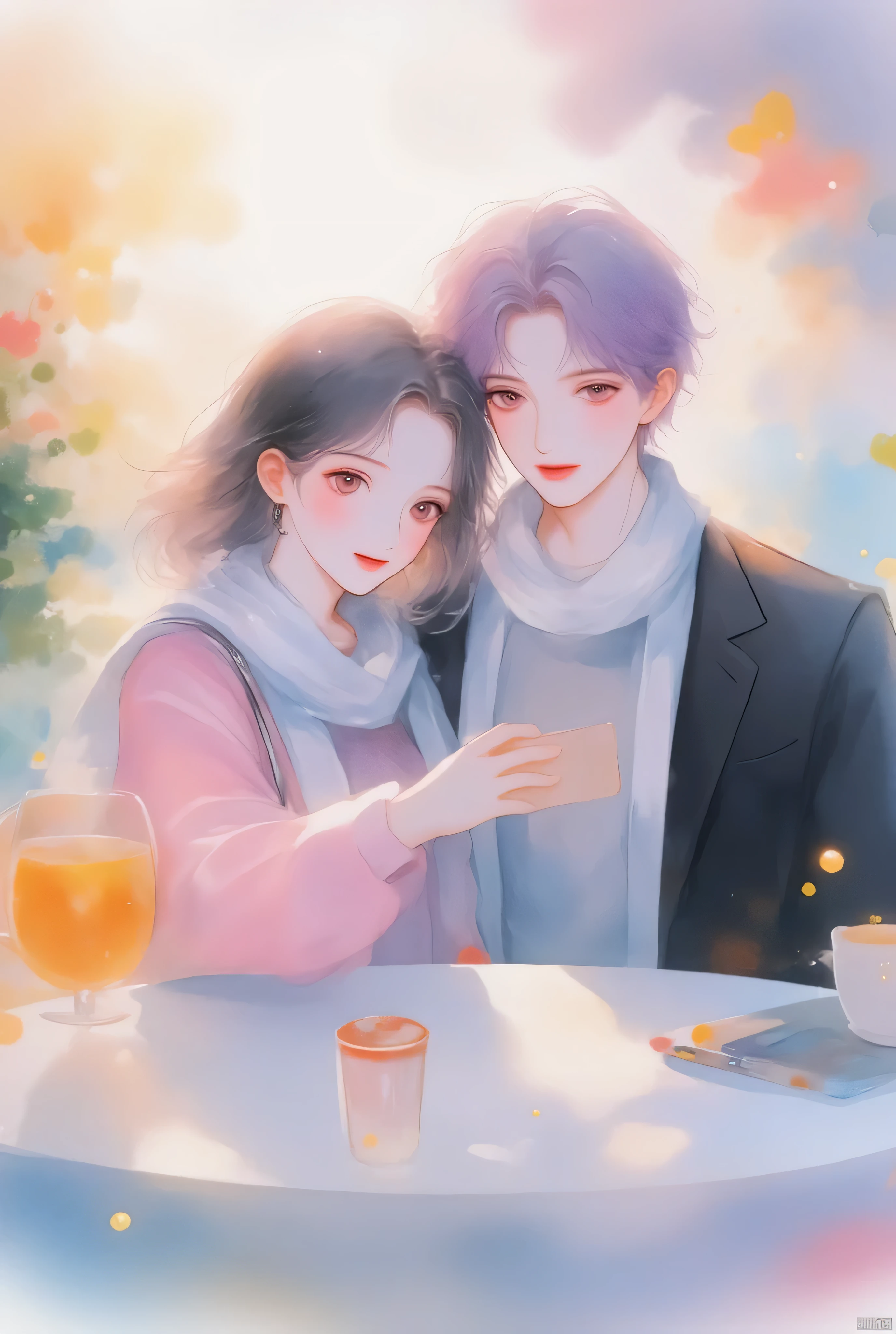 anime couple、watercolor animated illustration 、 landmine Kpop holiday 、Couple selfie 、 happy face、Young Couple Photos 、noon、In a coffee shop、Drink coffee together、With my girlfriend with black short hair、My boyfriend with light purple short hair、Couple taking selfies、 stylish boy model dressed as a cool guy、 one beautiful young cute girl wrapped in a beautiful scarf、 cute expression 、bisexual 、 cool、Light purple hair color、Short Hair、 arranged hair 、Handsome Hair、Small face、 white skin、Neutral face、Cool guy、 cute face 、 cool sharp eyes 、Light blue eyes、sharp thin eyebrows 、 Tall、 style with 2 hands、 I like cool stuff 、Black school uniform、 wrap a scarf around your neck、Age 19、 half Japanese and Korean man 、Fascinating fans、Seduce、 beautiful photo 、masterpiece、 best quality 、 HD、 Fantastic 、 the background is bright 、Photographed from diagonally above、 beautiful portrait、 menswear makeup 、 Anime Makeup 、 cute girl with piercings 、 has a story like a K-drama 、Let's make happy memories together