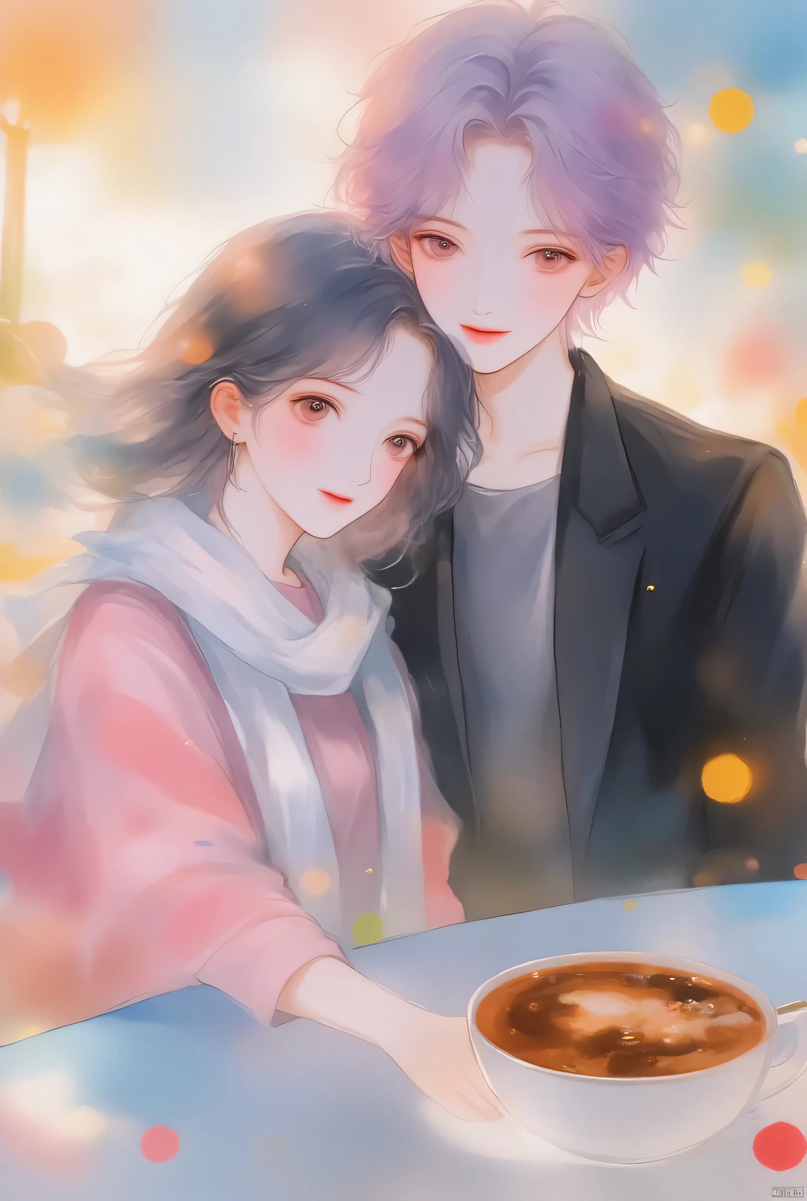 anime couple、watercolor animated illustration 、 landmine Kpop holiday 、Couple selfie 、 happy face、Young Couple Photos 、noon、In a coffee shop、Drink coffee together、With my girlfriend with black short hair、My boyfriend with light purple short hair、Couple taking selfies、 stylish boy model dressed as a cool guy、 one beautiful young cute girl wrapped in a beautiful scarf、 cute expression 、bisexual 、 cool、Light purple hair color、Short Hair、 arranged hair 、Handsome Hair、Small face、 white skin、Neutral face、Cool guy、 cute face 、 cool sharp eyes 、Light blue eyes、sharp thin eyebrows 、 Tall、 style with 2 hands、 I like cool stuff 、Black school uniform、 wrap a scarf around your neck、Age 19、 half Japanese and Korean man 、Fascinating fans、Seduce、 beautiful photo 、masterpiece、 best quality 、 HD、 Fantastic 、 the background is bright 、Photographed from diagonally above、 beautiful portrait、 menswear makeup 、 Anime Makeup 、 cute girl with piercings 、 has a story like a K-drama 、Let's make happy memories together