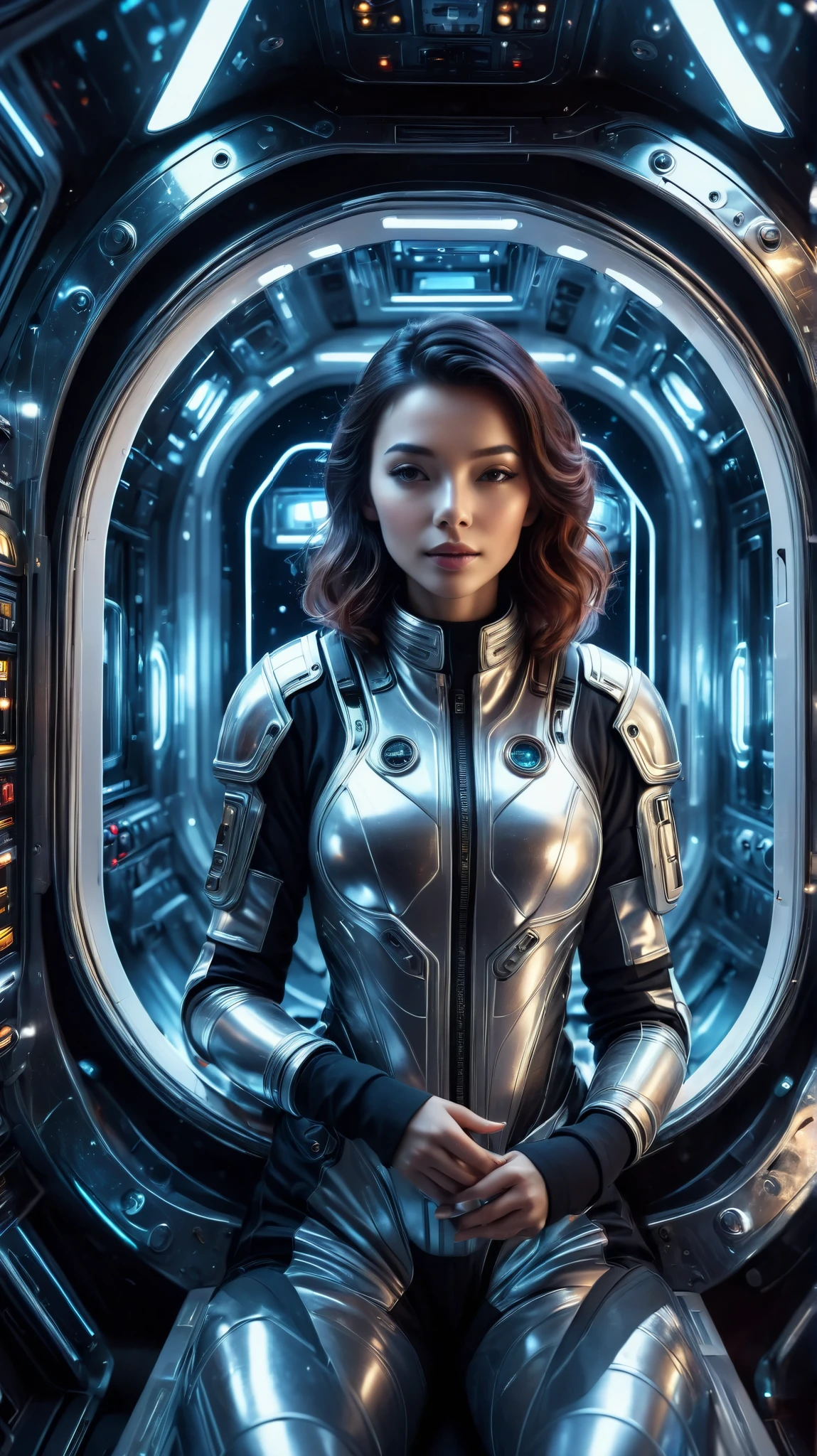 a futuristic astronaut in a space capsule, control panel, high-tech interior , Metallic and glass materials , atmospheric lighting , dramatic cinematographic composition , intricate details, photorealistic, artistic style concept