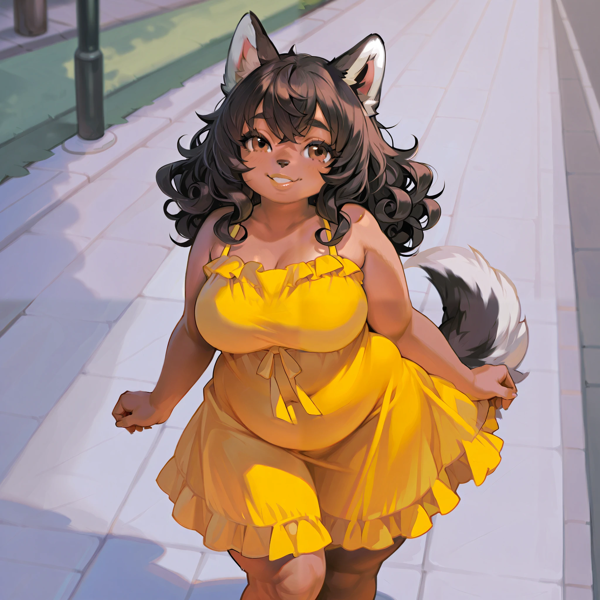 A brown skinned woman, dog husky tail, dog ears, only a little chubby, curvy, yellow ruffle sundress, sidewalk, smiling, sunny, brown eyes, plump lips, long black curly hair.