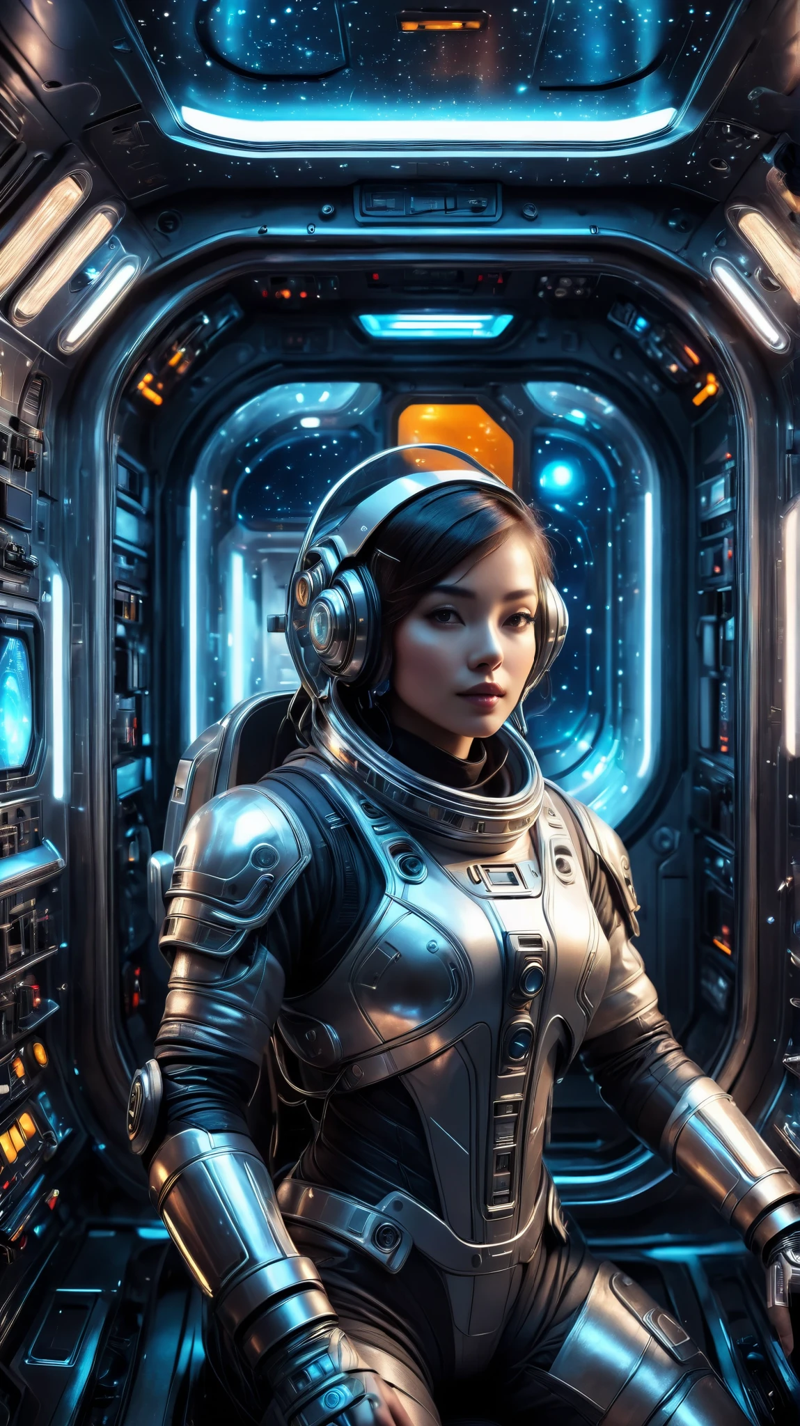 a futuristic astronaut in a space capsule, control panel, high-tech interior , Metallic and glass materials , atmospheric lighting , dramatic cinematographic composition , intricate details, photorealistic, artistic style concept