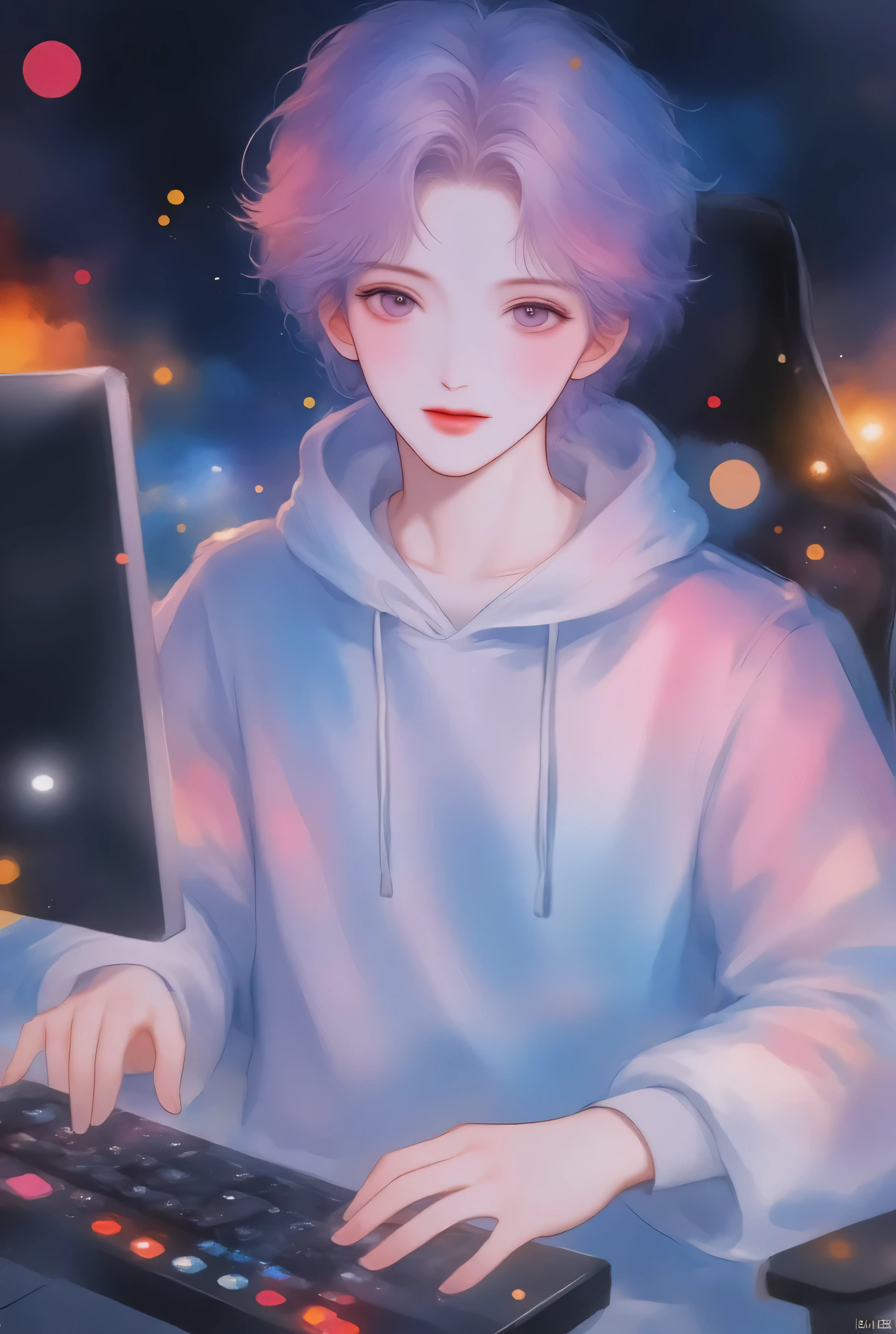 Anime boy, watercolor animated illustration 、 screenshot image being streamed、Distribution of mine-based KPOP、Late Night、 in a black-walled room he is streaming 、 he's greeting viewers、 Gaming Chair 、Comment 、she、 stylish boy model dressed as a cool guy、 one beautiful young beautiful girl dressed as a man、 cute expression 、bisexual 、 cool、Light purple hair color、Short Hair、 arranged hair 、Handsome Hair、Small face、 white skin、Neutral face、Cool guy、 cute face 、 cool sharp eyes 、Light blue eyes、sharp thin eyebrows 、 Tall、 style with 2 hands、 I like cool stuff 、 hoodie、Age 19、 half Japanese and Korean man 、Fascinating fans、Seduce、 beautiful photo 、masterpiece、 best quality 、 HD、 Fantastic 、 dark background、 with a painful expression taken from an oblique side、 beautiful portrait、 menswear makeup 、 Anime Makeup 、 cute girl with piercings 、Story-like
