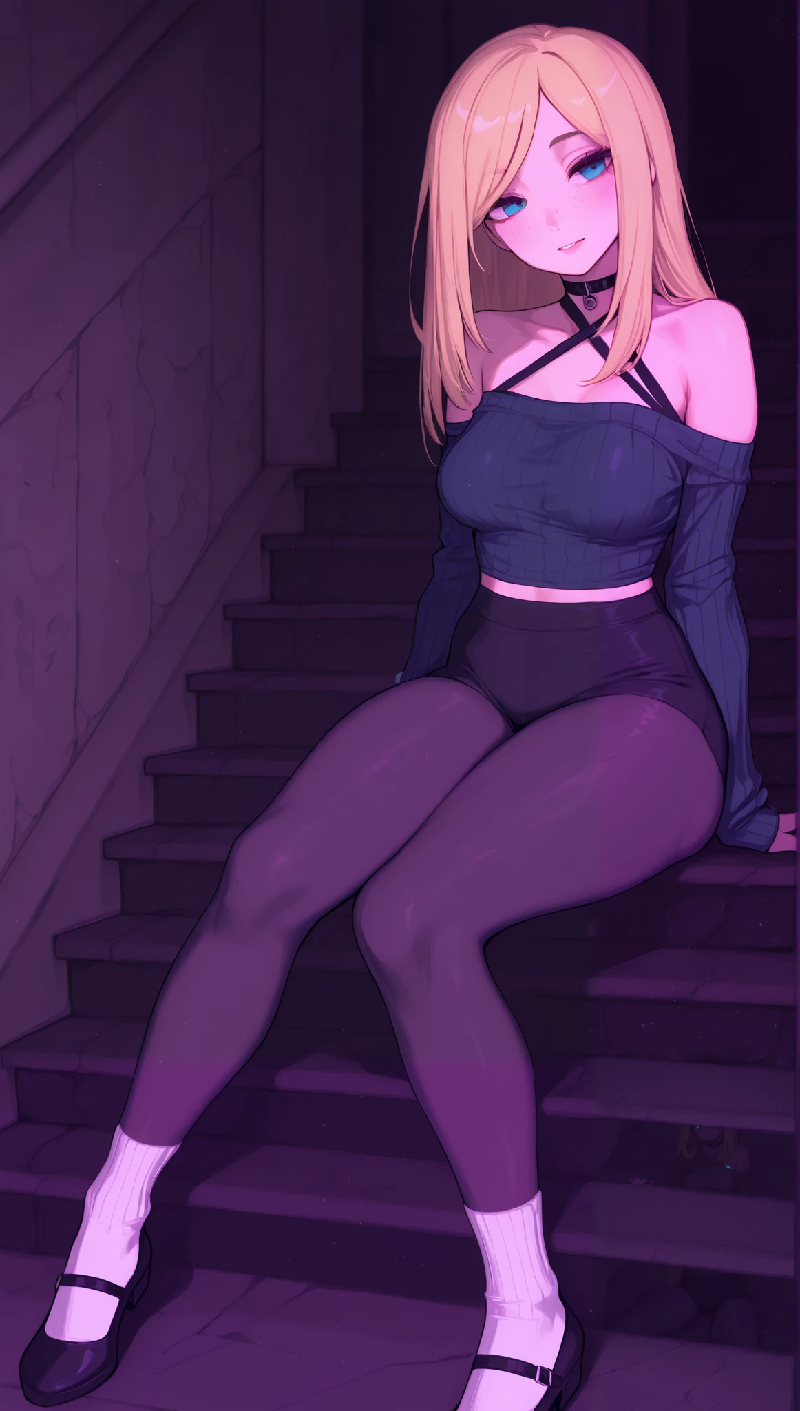 Cute beautiful slim golden hair with half-open full lips , freckles, blue eyes , with long straight hair and bangs in a short black open-shoulder sweater, In black tights, yoga hot pink legging shorts, seated front view, big round ass, medium breasts, thick thighs , in white high-heeled shoes with white socks . shows off her tight breasts . this girl stands in a sexy figure in the leans sitting on the stairs, inside the building, collar around her neck. innocent little face, legs apart, , sitting, it's night, stairs leading to the building's terrace