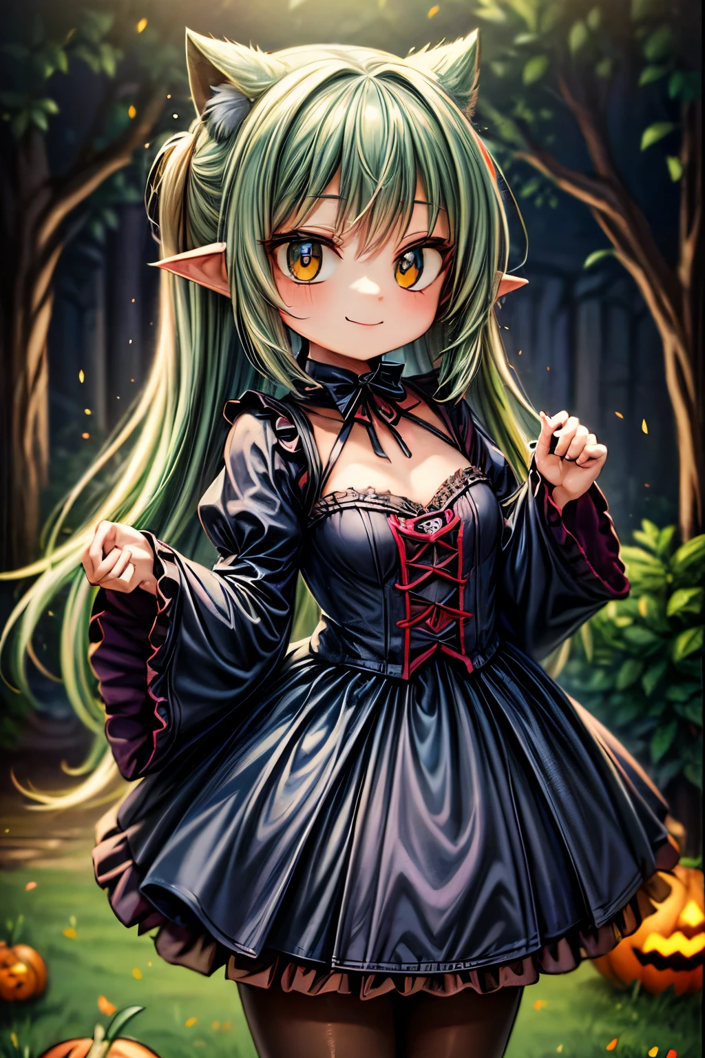 a smiling cute monster girl, adorable monster girl, halloween monster, spooky cute monster, whimsical monster, monstrous creature, monster girl with large eyes, monster girl with colorful hair, monster girl in a playful pose, monster girl with a friendly expression, playful monster, cute monster character, vibrant colors, pastel colors, soft lighting, fantasy art, digital painting, artstation quality, 8k, highly detailed, intricate details, clean lines, smooth shading, painterly style, happy halloween
