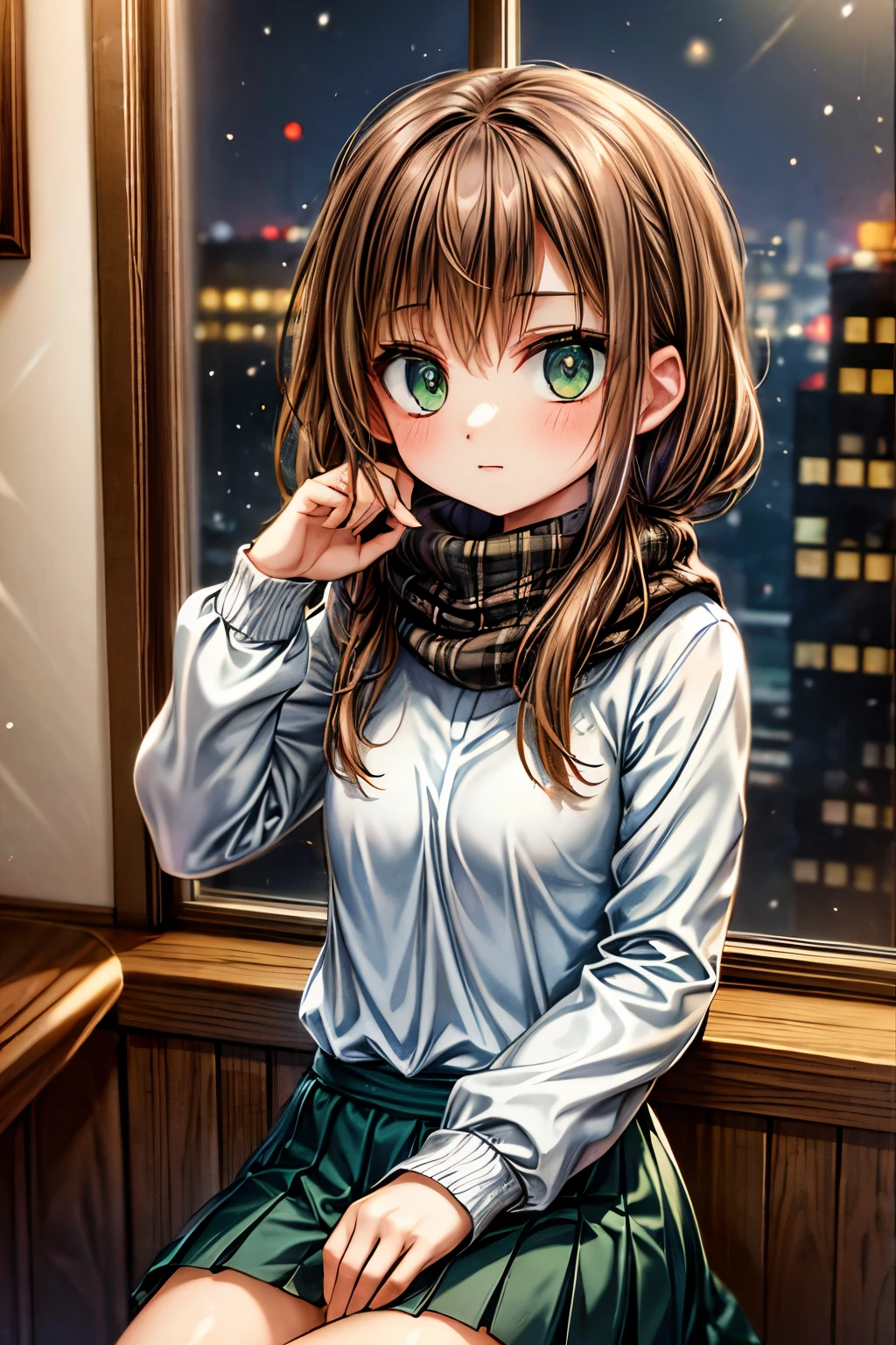brown hair very dark green eyes lovely girl relaxes in her apartment, night view from the window sees a beautiful winter landscape