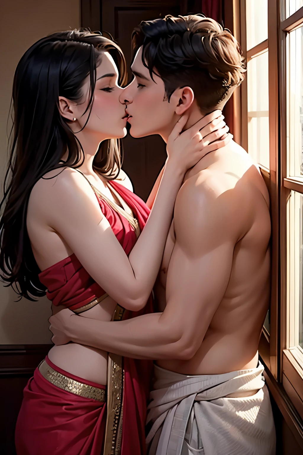 A boy and a girl are making love naked in each other's arms in a red coloured saree. The girl's body is very attractive, her buttocks are quite big and round in shape, her waist is thin and delicate.