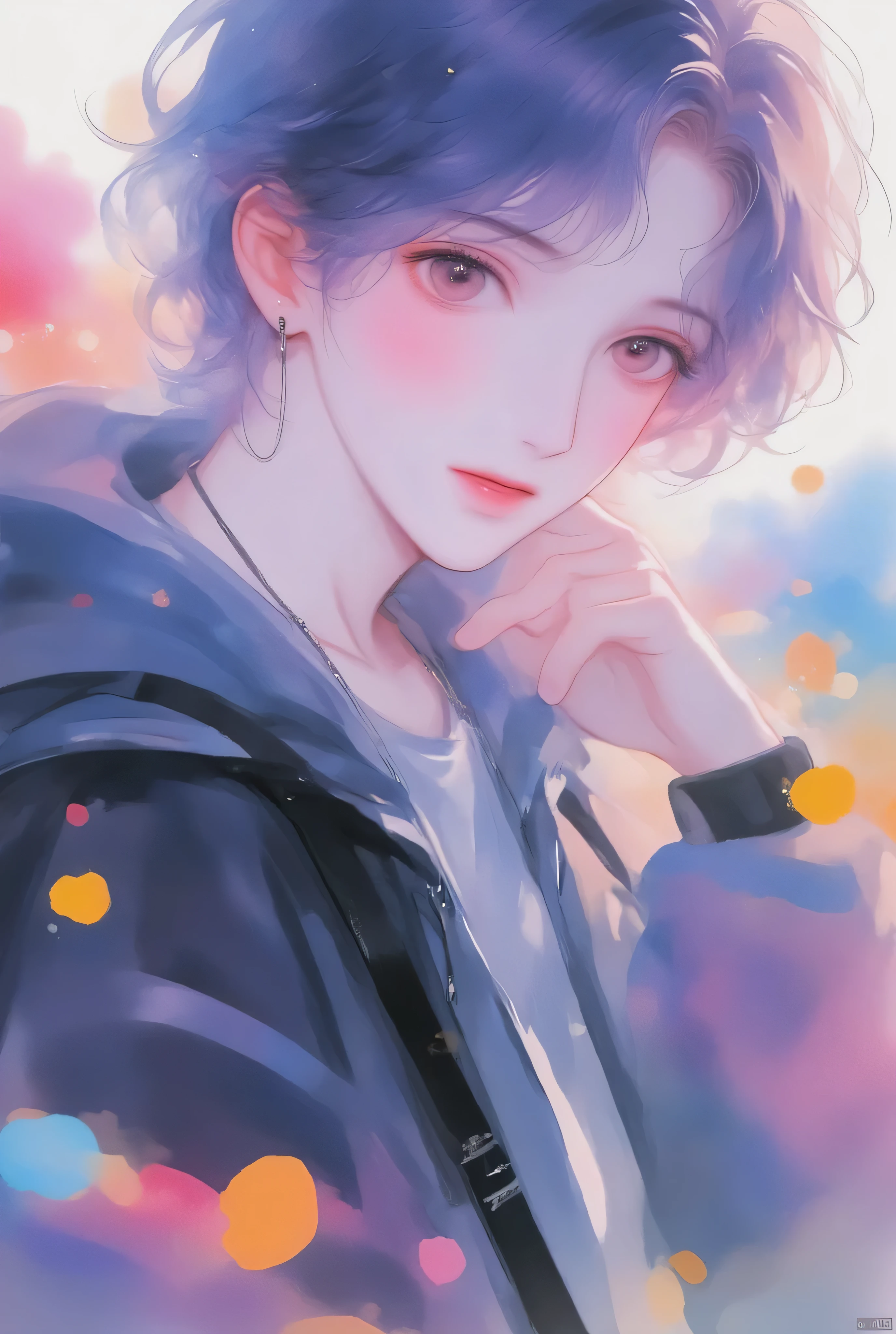 Anime boy, watercolor animated illustration 、Kpop holiday 、 selfie in front of a mirror、 stylish boy model dressed as a cool guy、 one beautiful young beautiful girl dressed as a man、 cute expression 、bisexual 、 cool、 light black purple hair color 、Short Hair、 arranged hair 、Handsome Hair、Small face、 white skin、Neutral face、Cool guy、 cute face 、 cool sharp eyes 、sharp thin eyebrows 、 Tall、 style with 2 hands、 I like cool stuff 、 black hoodie、Age 19、 half Japanese and Korean man 、Fascinating fans、Seduce、 beautiful photo 、masterpiece、 best quality 、 HD、 Fantastic 、 the background is bright 、 with a painful expression taken from an oblique side、 beautiful portrait、 menswear makeup 、 Anime Makeup 、 cute girl with piercings 、Story-like