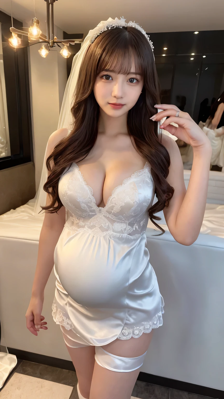 adorable, 1 girl, , baby face, sbody portrait,smile,  (face details: 1), (eye details: 1), ((medium breasts, cleavage)). (Pregnant). wearing tanktop and white long shirt, short skirt... Cute posed. proportional body. Ultra High Res. realistic: 1.4, UHD