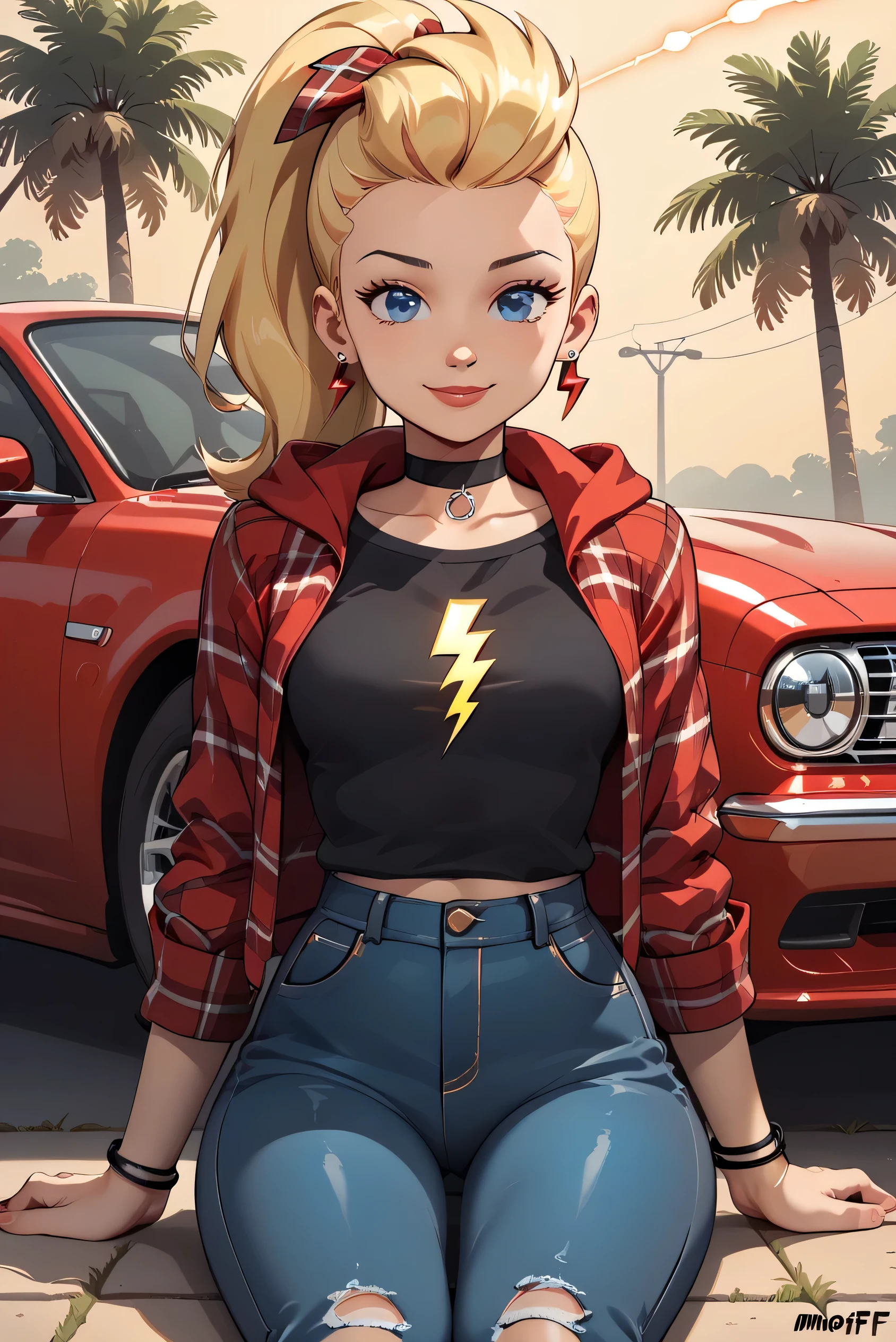High Resolution, Masterpiece, Best Quality, Super Detailed 
Beautiful portrait of Sissy Blakely from Johnny Test, 1 girl, gorgous, cute, full body, close up, big blue eyes, punk blonde hair in a ponytail, red lightning bolt in her hair, red lightning bolt earrings, ((black top with a RED lightning bolt graphic design)) , red plaid long sleeve shirt, plain black choker, red plaid handkerchief covering head, ripped baggy jeans, breasts, black and white checkerboard converse sneakers, bracelets, sitting on the hood of a Chevy Camaro car, cheeky smile, arms at sides, outdoors, playful, Foreshortening, Backlighting, Drop Shadow, perfect composition score_9 score_8 score_7, interesting motifs, professional