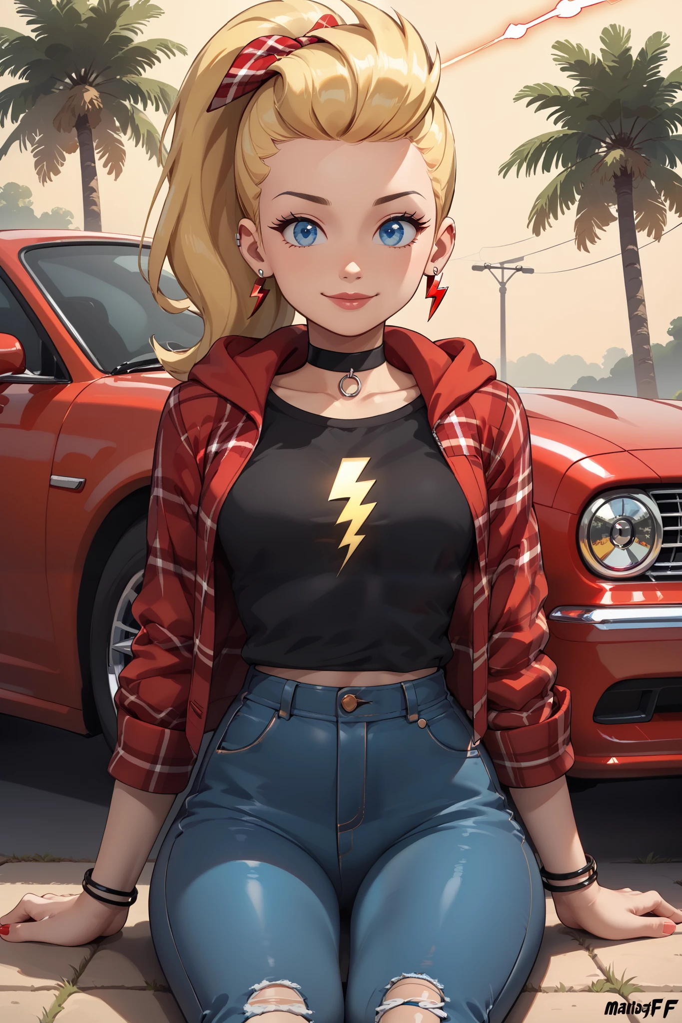 High Resolution, Masterpiece, Best Quality, Super Detailed
Beautiful portrait of Sissy Blakely from Johnny Test, 1 girl, gorgous, cute, full body, close up, big blue eyes, punk blonde hair in a ponytail, red lightning bolt in her hair, red lightning bolt earrings, ((black top with a RED lightning bolt graphic design)) , red plaid long sleeve shirt, plain black choker, red plaid handkerchief covering head, ripped baggy jeans, breasts, black and white checkerboard converse sneakers, bracelets, sitting on the hood of a Chevy Camaro car, cheeky smile, arms at sides, outdoors, playful, Foreshortening, Backlighting, Drop Shadow, perfect composition score_9 score_8 score_7, interesting motifs, professional