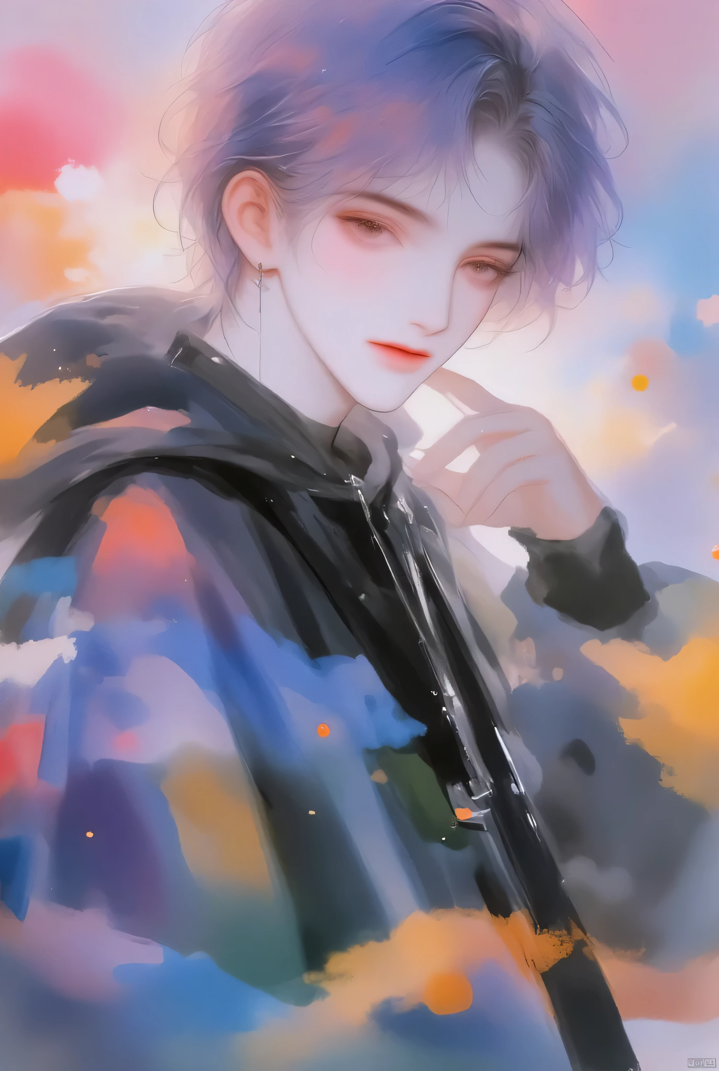 Anime boy, watercolor animated illustration 、Kpop holiday 、 selfie in front of a mirror、 stylish boy model dressed as a cool guy、 one beautiful young beautiful girl dressed as a man、 cute expression 、bisexual 、 cool、 light black purple hair color 、Short Hair、 arranged hair 、Handsome Hair、Small face、 white skin、Neutral face、Cool guy、 cute face 、 cool sharp eyes 、sharp thin eyebrows 、 Tall、 style with 2 hands、 I like cool stuff 、 black hoodie、Age 19、 half Japanese and Korean man 、Fascinating fans、Seduce、 beautiful photo 、masterpiece、 best quality 、 HD、 Fantastic 、 the background is bright 、 with a painful expression taken from an oblique side、 beautiful portrait、 menswear makeup 、 Anime Makeup 、 cute girl with piercings 、Story-like