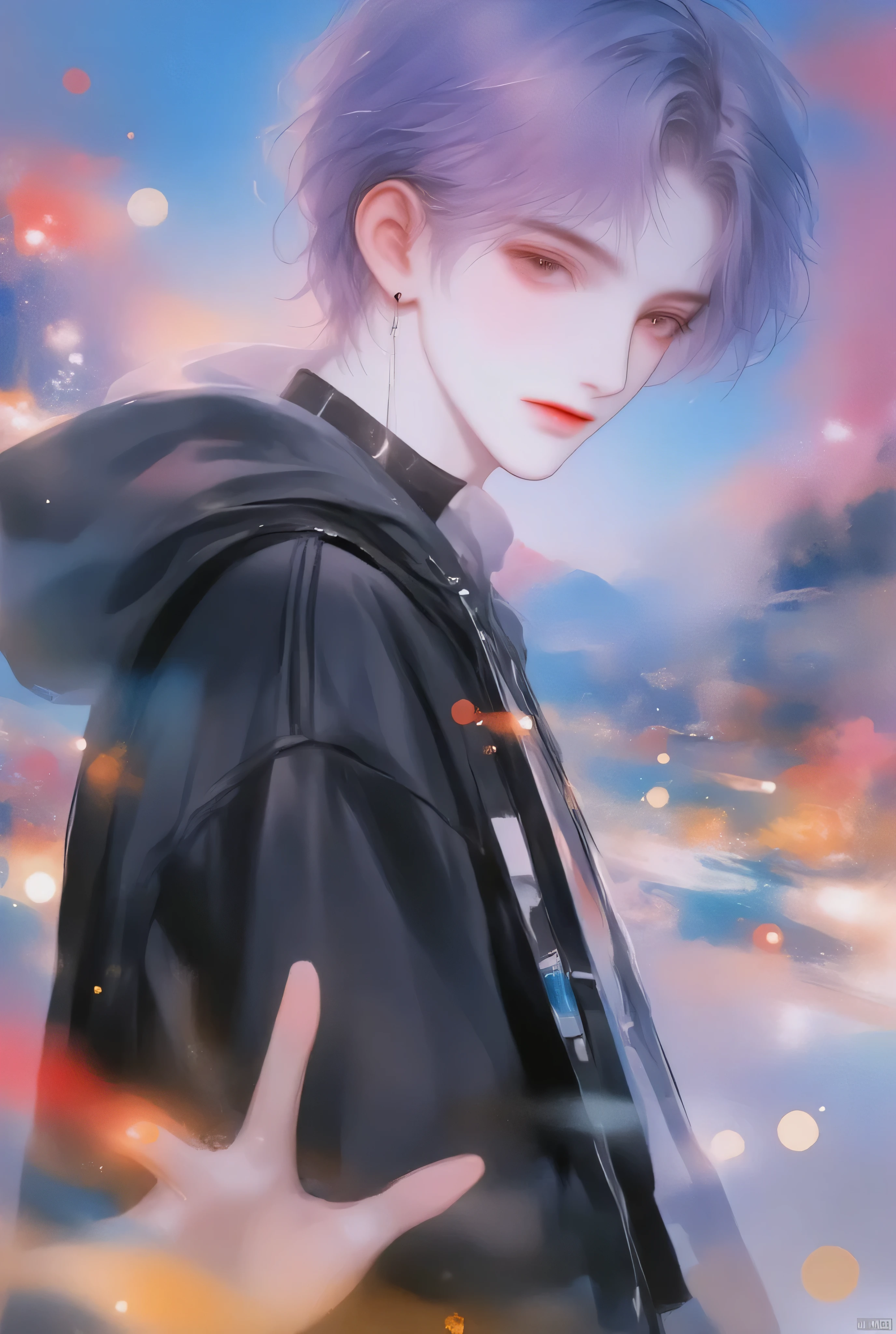 Anime boy, watercolor animated illustration 、Kpop holiday 、 selfie in front of a mirror、 stylish boy model dressed as a cool guy、 one beautiful young beautiful girl dressed as a man、 cute expression 、bisexual 、 cool、 light black purple hair color 、Short Hair、 arranged hair 、Handsome Hair、Small face、 white skin、Neutral face、Cool guy、 cute face 、 cool sharp eyes 、sharp thin eyebrows 、 Tall、 style with 2 hands、 I like cool stuff 、 black hoodie、Age 19、 half Japanese and Korean man 、Fascinating fans、Seduce、 beautiful photo 、masterpiece、 best quality 、 HD、 Fantastic 、 the background is bright 、 with a painful expression taken from an oblique side、 beautiful portrait、 menswear makeup 、 Anime Makeup 、 cute girl with piercings 、Story-like