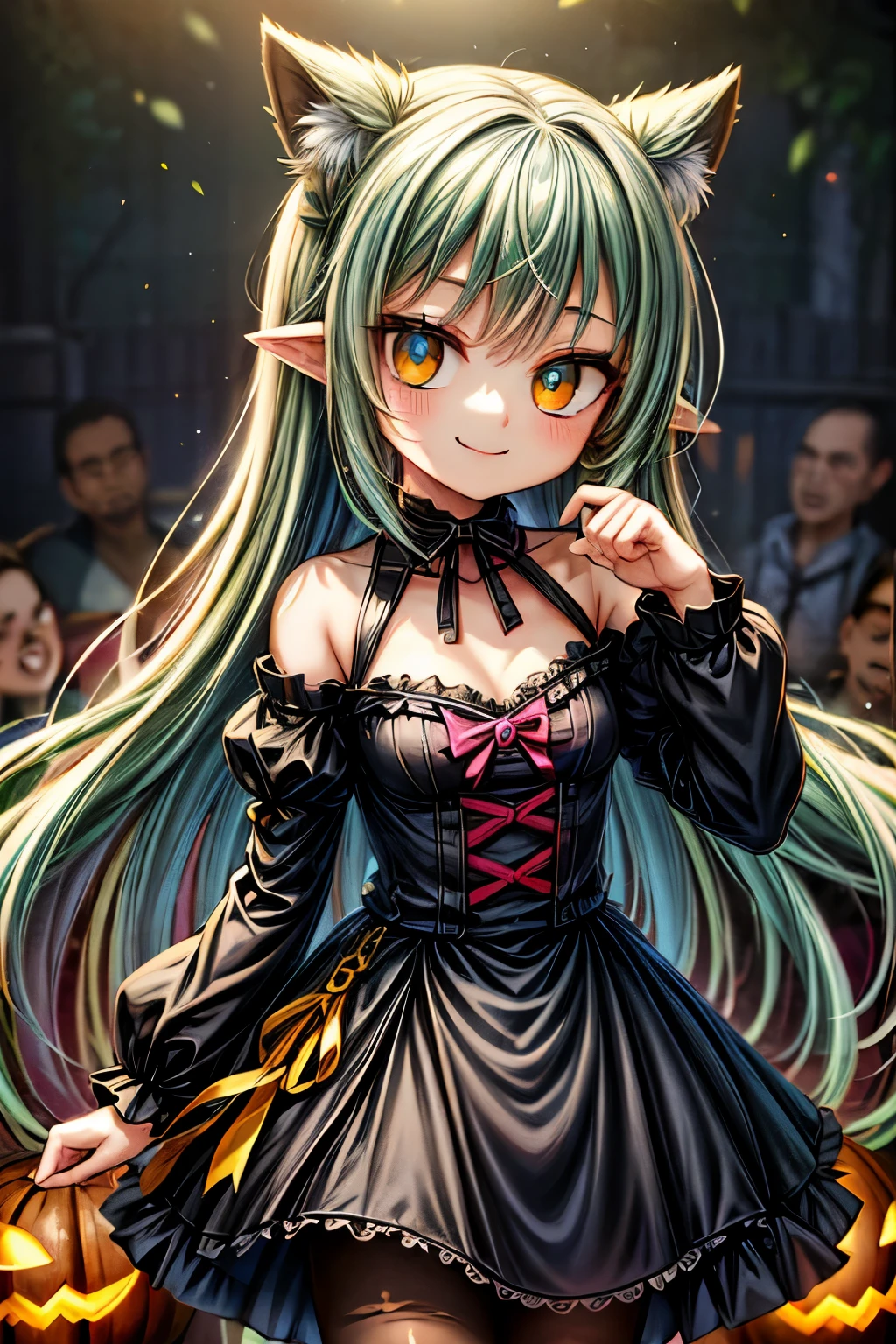 a smiling cute monster girl, adorable monster girl, halloween monster, spooky cute monster, whimsical monster, monstrous creature, monster girl with large eyes, monster girl with colorful hair, monster girl in a playful pose, monster girl with a friendly expression, playful monster, cute monster character, vibrant colors, pastel colors, soft lighting, fantasy art, digital painting, artstation quality, 8k, highly detailed, intricate details, clean lines, smooth shading, painterly style, happy halloween
