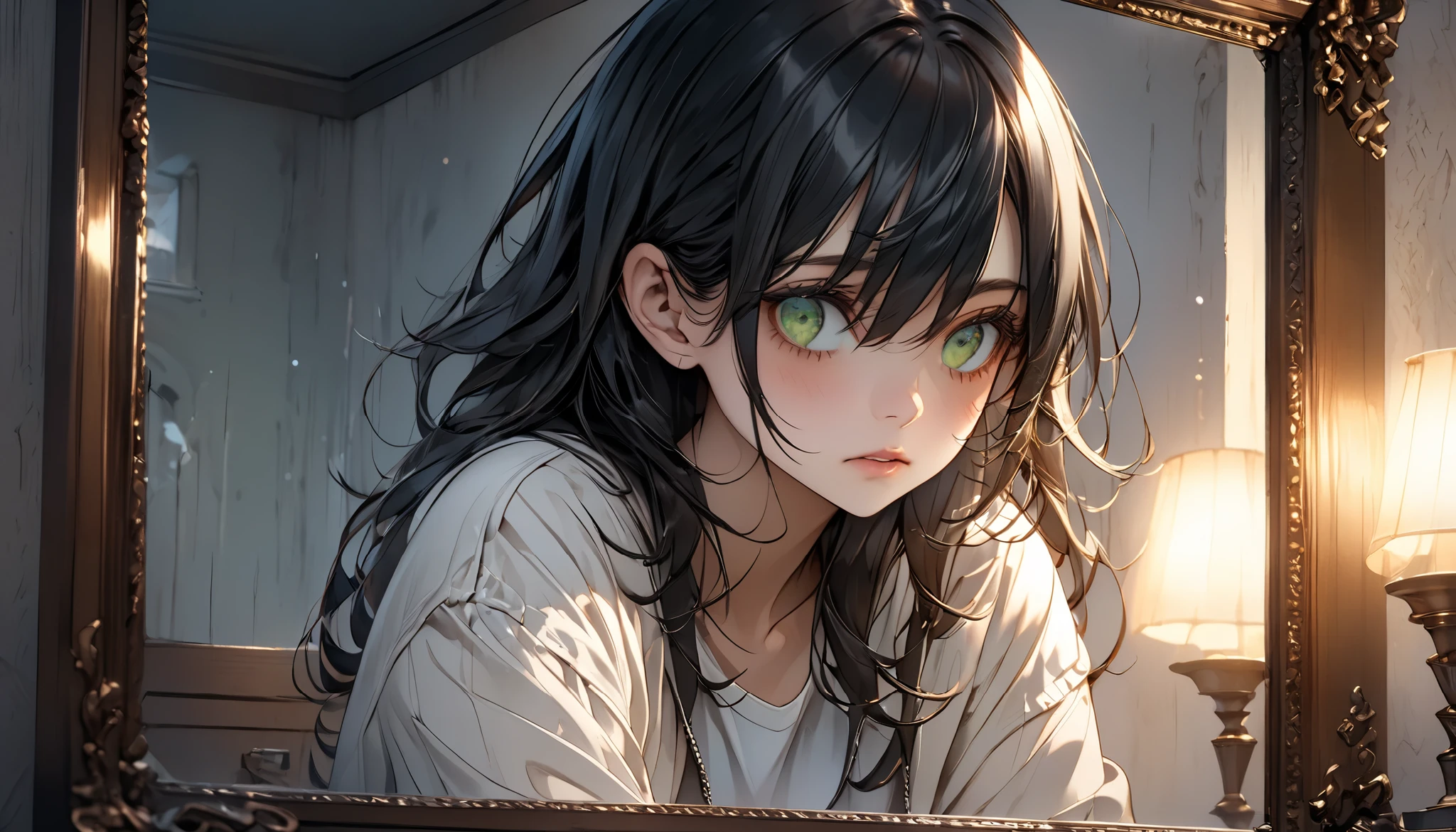 What is an anime girl with long hair and blue eyes looking at, with huge luminous sad eyes, tired and haunted expression, tired haunted expression, haunted sad expression, haunted and sad expression, extremely cute anime girl face, anime moe art style, zerochan, li girl, Loli, Also, cute anime face, sad cerulean eyes, romanticism lain