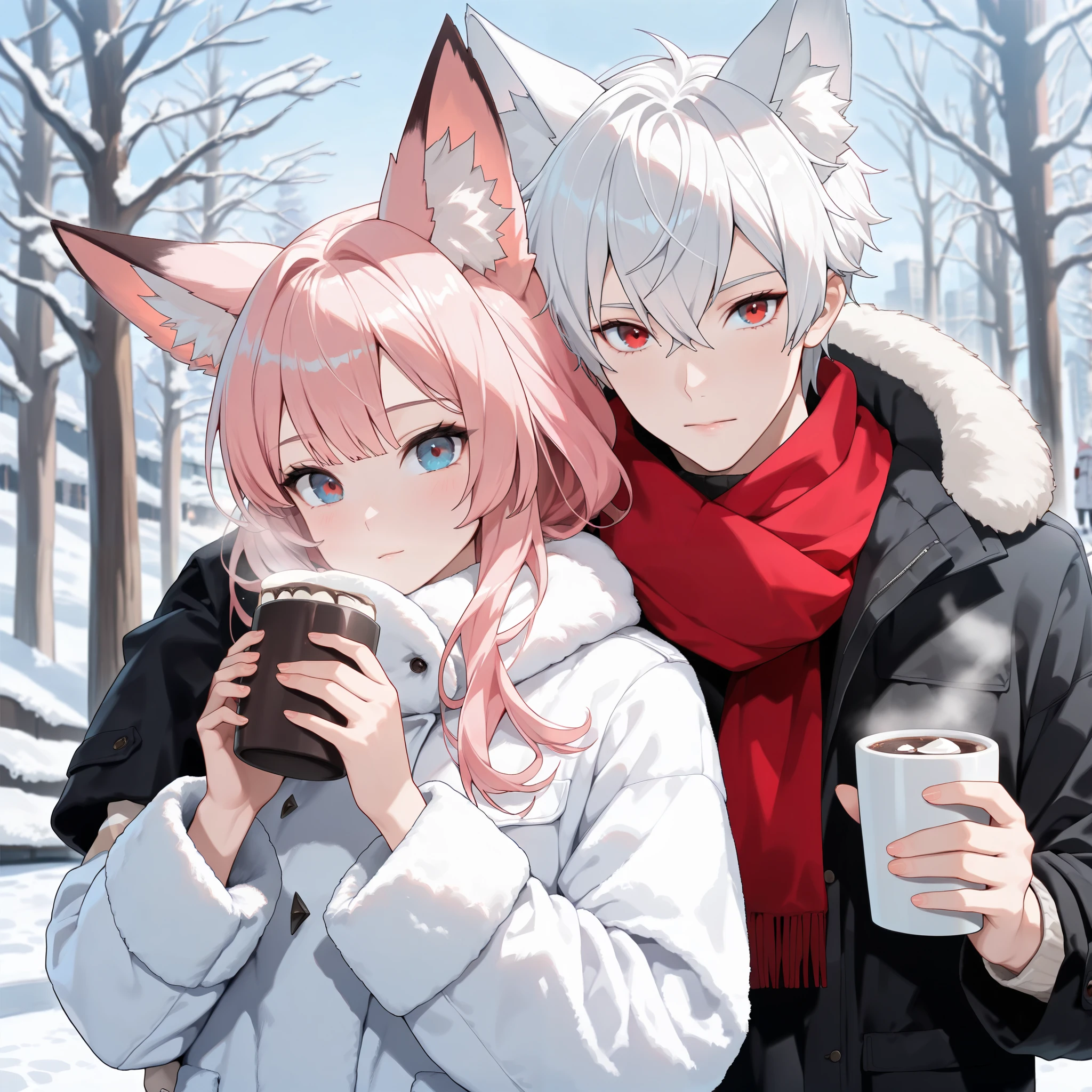 2 characters, ((First female, Long pink hair, Fox ears, Blue eyes)), Winter wear fur coats, ((Second Male Short white hair, Fox ears, Red eyes)), Winter wear fur coats, Winter scenery, Holding Hot chocolate, Standing shoulder to shoulder, Looking at viewer