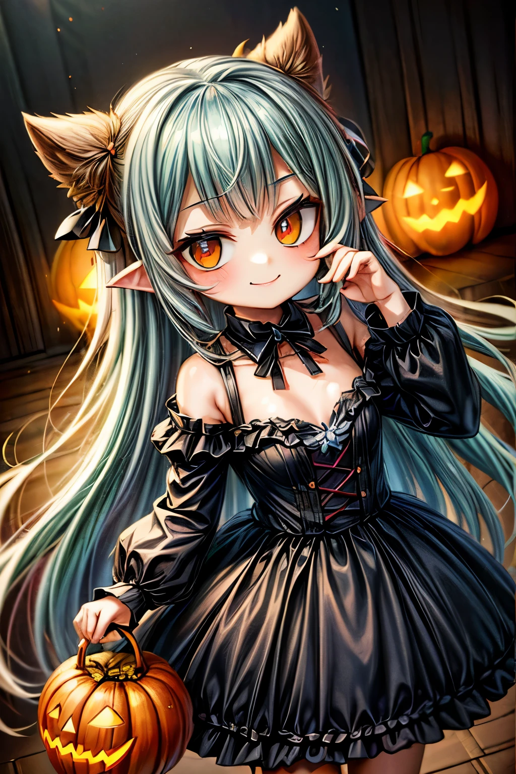 a smiling cute monster girl, adorable monster girl, halloween monster, spooky cute monster, whimsical monster, monstrous creature, monster girl with large eyes, monster girl with colorful hair, monster girl in a playful pose, monster girl with a friendly expression, playful monster, cute monster character, vibrant colors, pastel colors, soft lighting, fantasy art, digital painting, artstation quality, 8k, highly detailed, intricate details, clean lines, smooth shading, painterly style, happy halloween