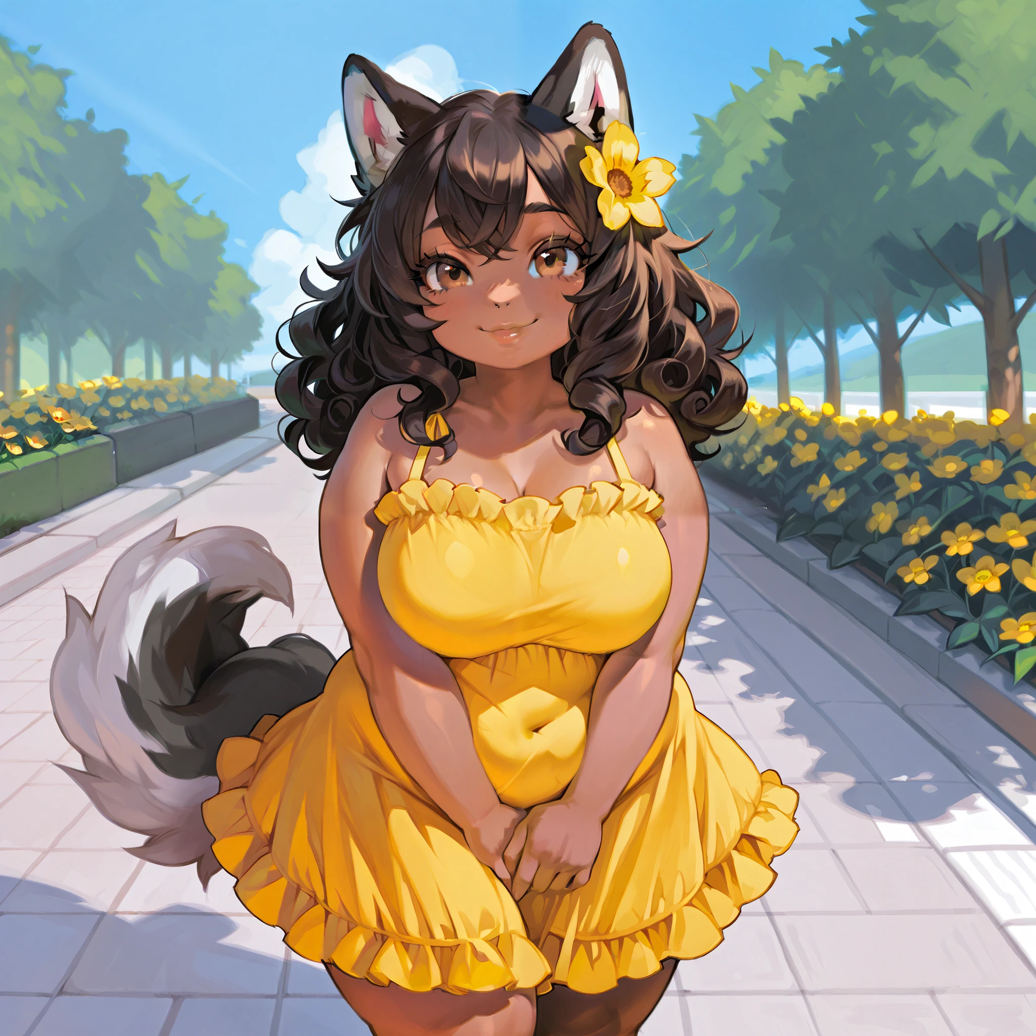A brown skinned woman, dog husky tail, dog ears, only a little chubby, curvy, yellow flower ruffle sundress, sidewalk, smiling, sunny, brown eyes, plump lips, long black curly hair.