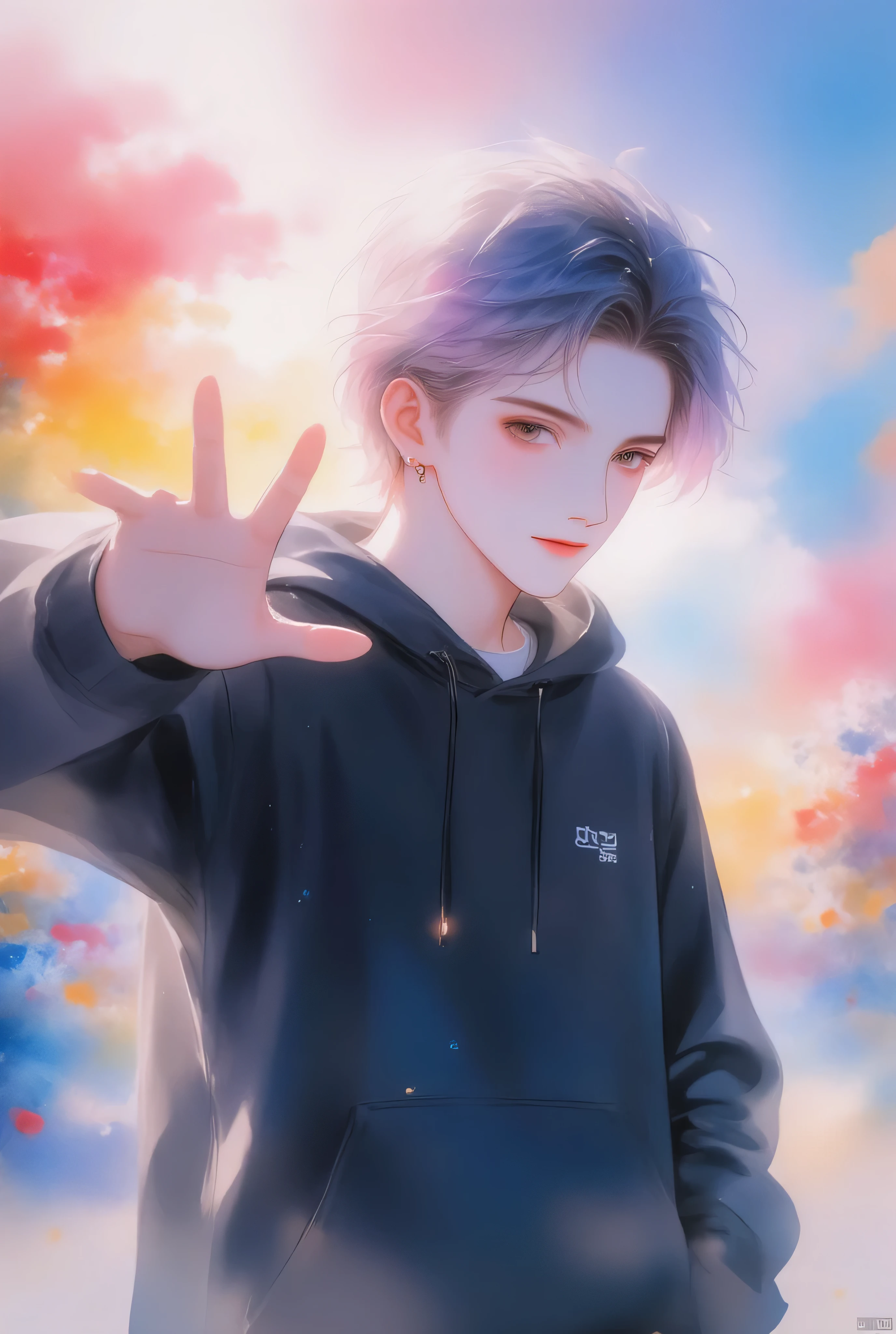 Anime boy, watercolor animated illustration 、Kpop holiday 、 selfie in front of a mirror、 stylish boy model dressed as a cool guy、 one beautiful young beautiful girl dressed as a man、 cute expression 、bisexual 、 cool、 light black purple hair color 、Short Hair、 arranged hair 、Handsome Hair、Small face、 white skin、Neutral face、Cool guy、 cute face 、 cool sharp eyes 、sharp thin eyebrows 、 Tall、 style with 2 hands、 I like cool stuff 、 black hoodie、Age 19、 half Japanese and Korean man 、Fascinating fans、Seduce、 beautiful photo 、masterpiece、 best quality 、 HD、 Fantastic 、 the background is bright 、 with a painful expression taken from an oblique side、 beautiful portrait、 menswear makeup 、 Anime Makeup 、 cute girl with piercings 、Story-like