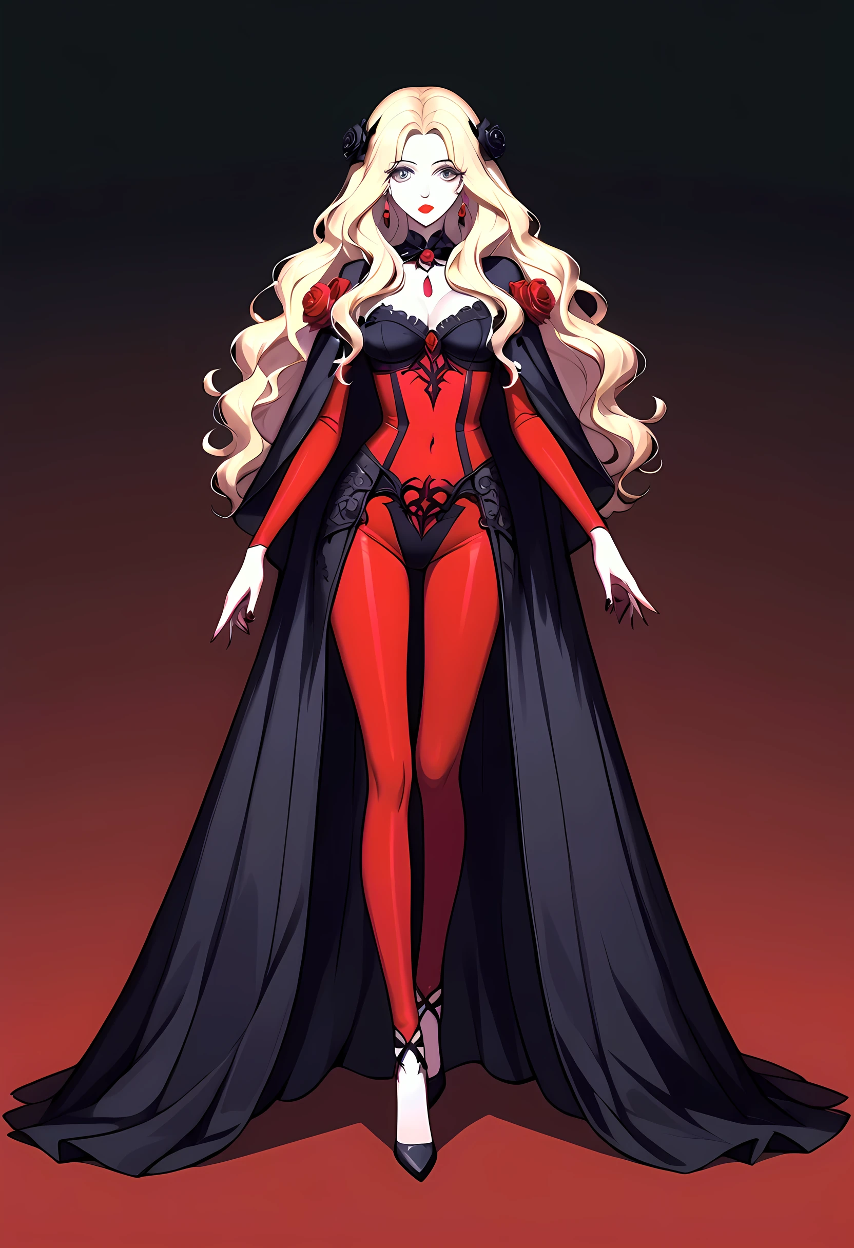 modisn disney, Arafed, Dark fantasy art, fantasy art, goth art, a picture of a goth woman, pale white skin, blond hair, Ultra detailed face, Best Detailed face, long hair, wavy hair, grey eyes, she wears a (red: 1.3) red tight suit, the roses are imprinted on the suit (black: 1.4) black roses, high heels, full body shot, dark glamour shot, dark castle, dark, black and color, PASTELGOTH, SwordMaiden,