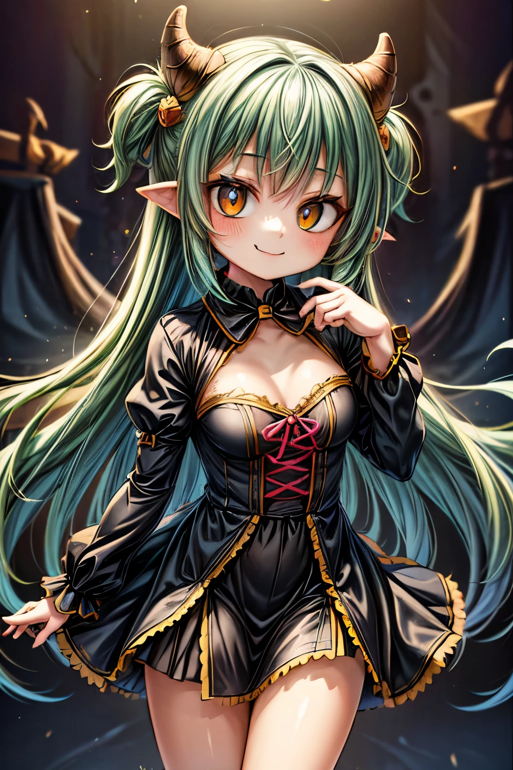 a smiling cute monster girl, adorable monster girl, halloween monster, spooky cute monster, whimsical monster, monstrous creature, monster girl with large eyes, monster girl with colorful hair, monster girl in a playful pose, monster girl with a friendly expression, playful monster, cute monster character, vibrant colors, pastel colors, soft lighting, fantasy art, digital painting, artstation quality, 8k, highly detailed, intricate details, clean lines, smooth shading, painterly style, happy halloween