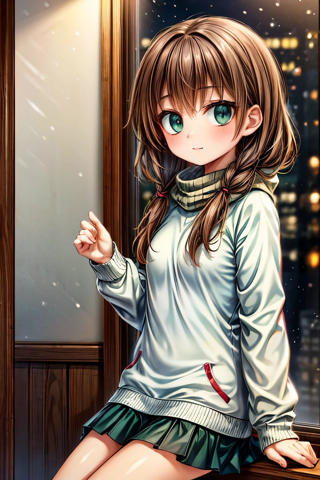 brown hair very dark green eyes lovely girl relaxes in her apartment, night view from the window sees a beautiful winter landscape