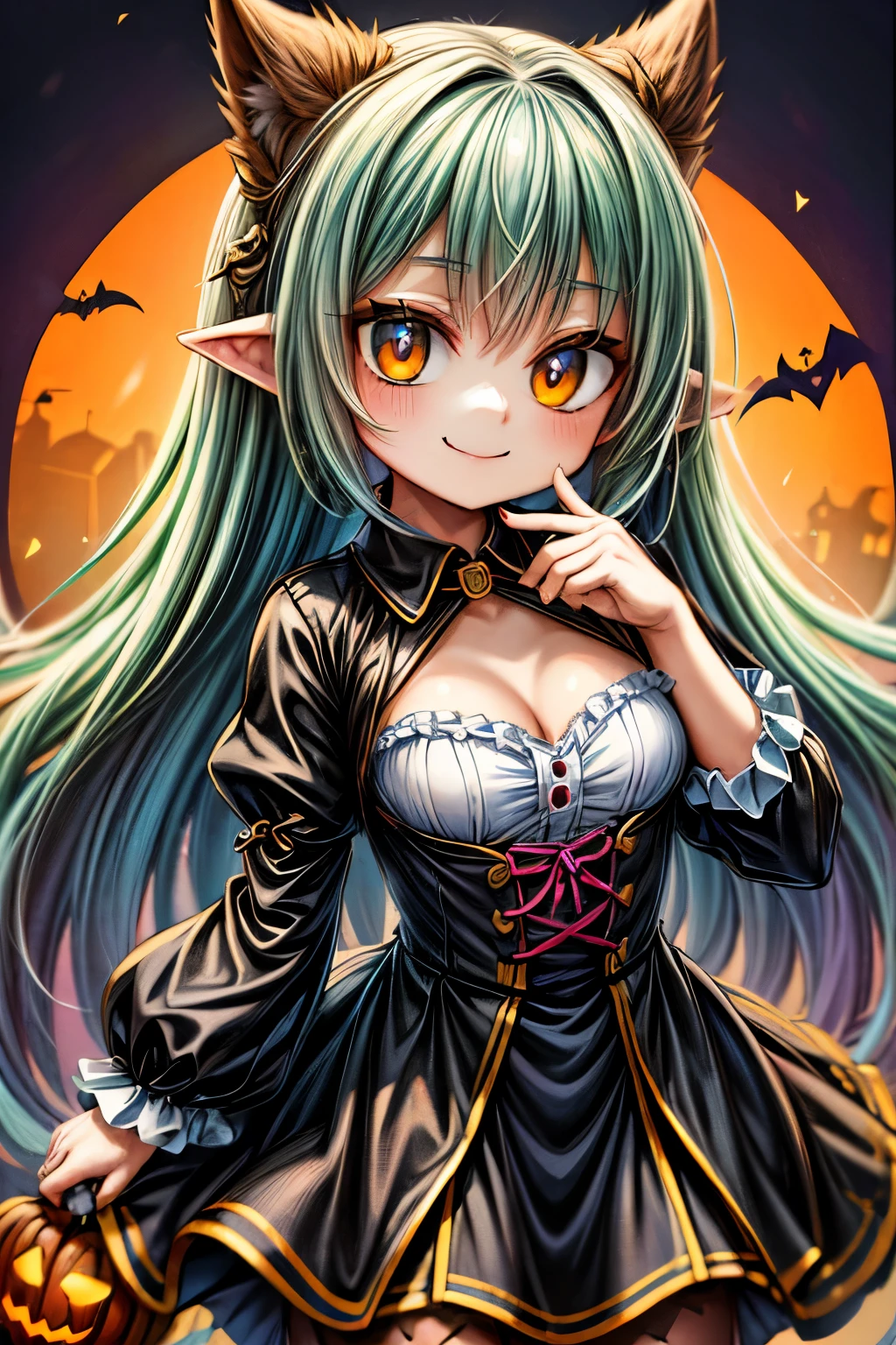 a smiling cute monster girl, adorable monster girl, halloween monster, spooky cute monster, whimsical monster, monstrous creature, monster girl with large eyes, monster girl with colorful hair, monster girl in a playful pose, monster girl with a friendly expression, playful monster, cute monster character, vibrant colors, pastel colors, soft lighting, fantasy art, digital painting, artstation quality, 8k, highly detailed, intricate details, clean lines, smooth shading, painterly style, happy halloween
