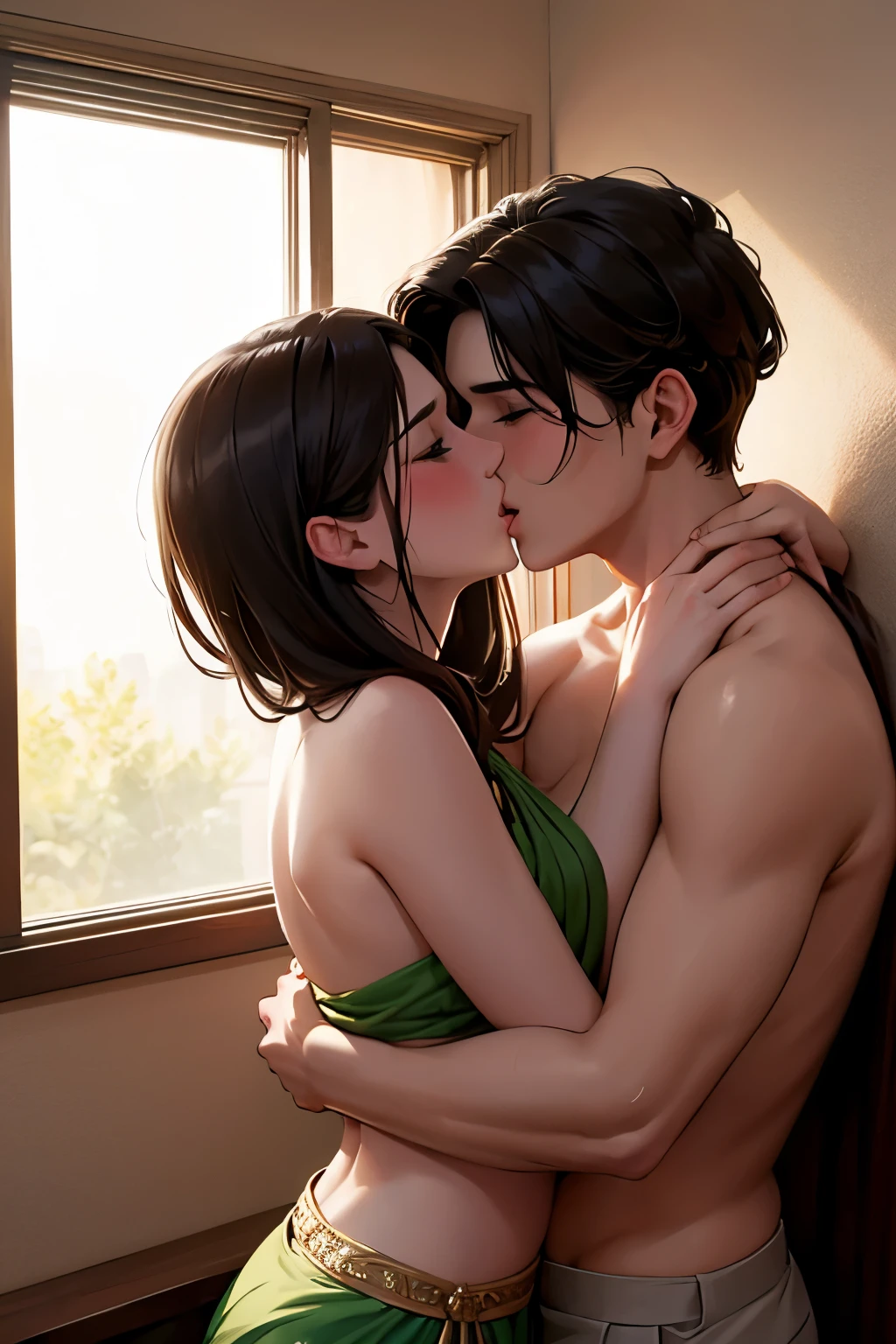 Shirtless boy kissing a sexy woman wearing a saree near a windowsill, natural light beaming through window, passionate, intensely intimate, lustful, hot, hugging tight, both blushing intensely