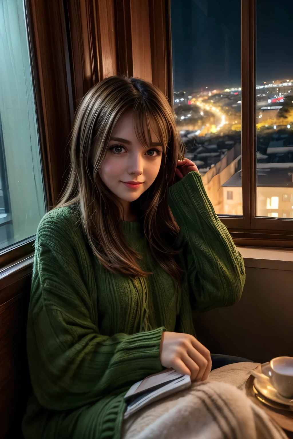 brown hair very dark green eyes lovely girl relaxes in her apartment, night view from the window sees a beautiful winter landscape