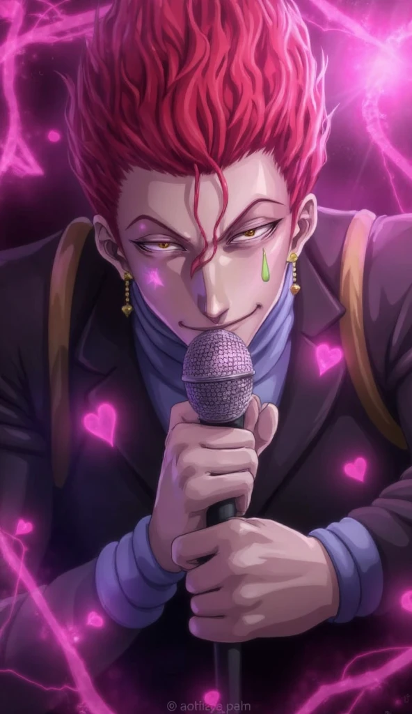 source_anime official 2011 art style, masterpiece, best quality,very aesthetic,ultra-detailed, perfect , perfect proportions, high resolution, good colours , good shading,(detailed beautiful face and eyes), ((ultra detailed eyes)) solo, (1boy, male), (Hisoka_Morow, red hair, yellow eyes, earrings) Hisoka standing in suit holding the mic intimately while singing seductively.
