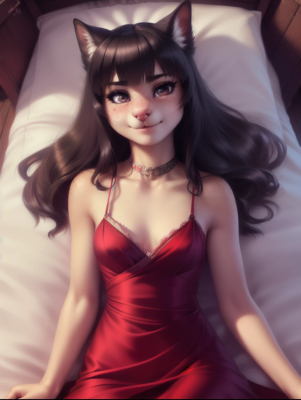(source_e621), A beautiful and detailed (sweet portrait), ((gorgeous, anthro domistic dog)), anatomically correct, Schlank, small breasts, Hochgeladen E621, detailed flauschige fur, (von Fluff-Kevlar, Bayard Wu, personalami, Pino Daeni), 1girl, super tight dress, ugly , facing viewer, bed, missionary position, 1girl, realistic, ultra sharp image, view from above, (solo), first person view, cleavage, masterpiece, lying on her back, (kissy face), (Kissing mouth), perfect eyes, bellybutton, absurd resolution, loving gaze, wavy hair , raised arms, breathless,