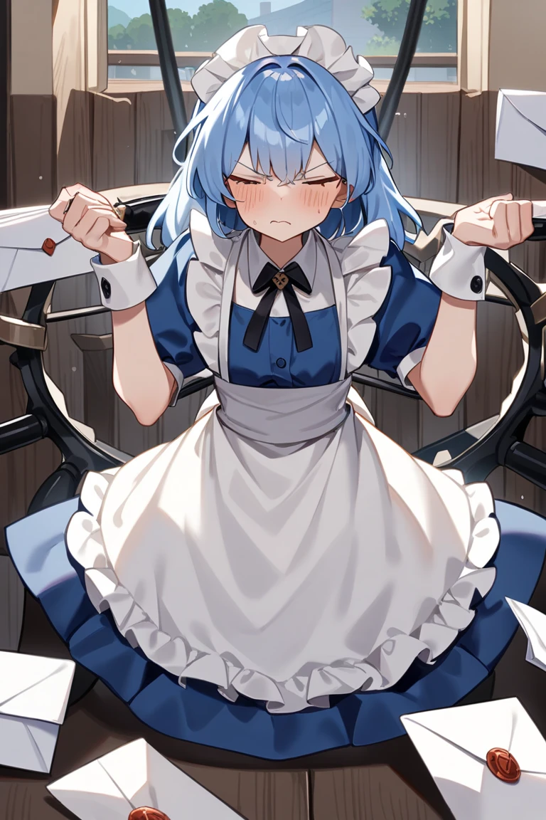 score_9, score_8_superior, score_7_superior, Break Source_anime, Highest quality, masterpiece, No correction, One girl, Yuki, Blue Hair, short hair, Red eyes, Maid headdress, Hair Ribbon, Maid, dress, apron, Puff sleeves, Juliet Sleeve, Ascot,Leaning forward,Tied up with rope,gag,Struggling,