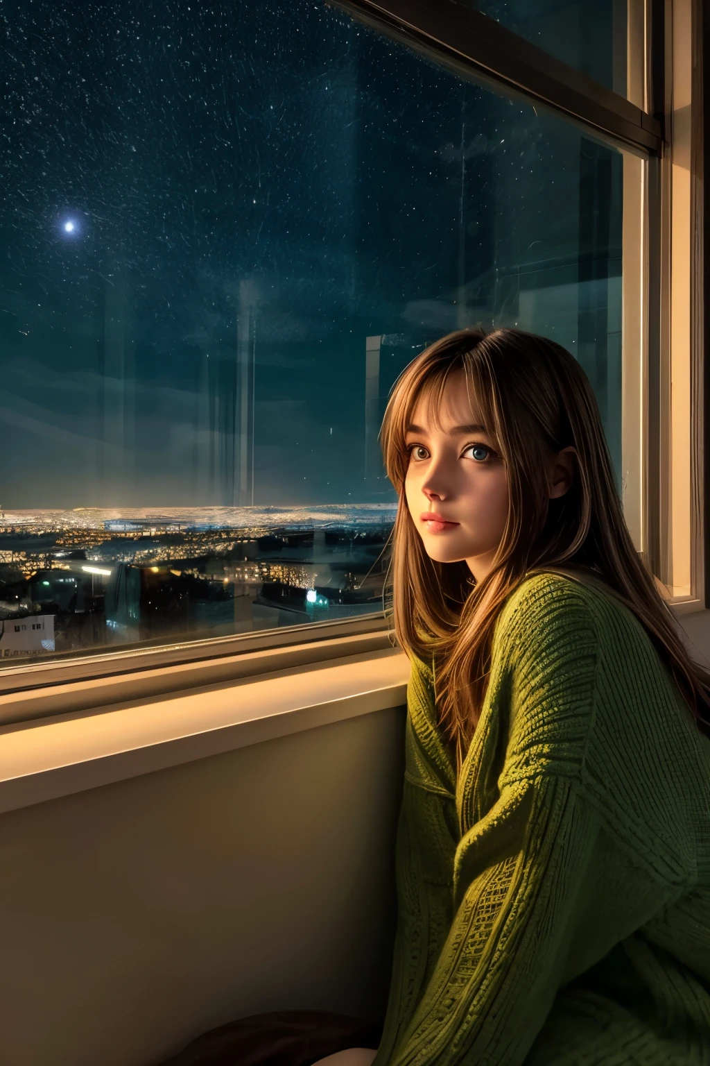 brown hair very dark green eyes lovely girl relaxes in her apartment, night view from the window sees a beautiful winter landscape