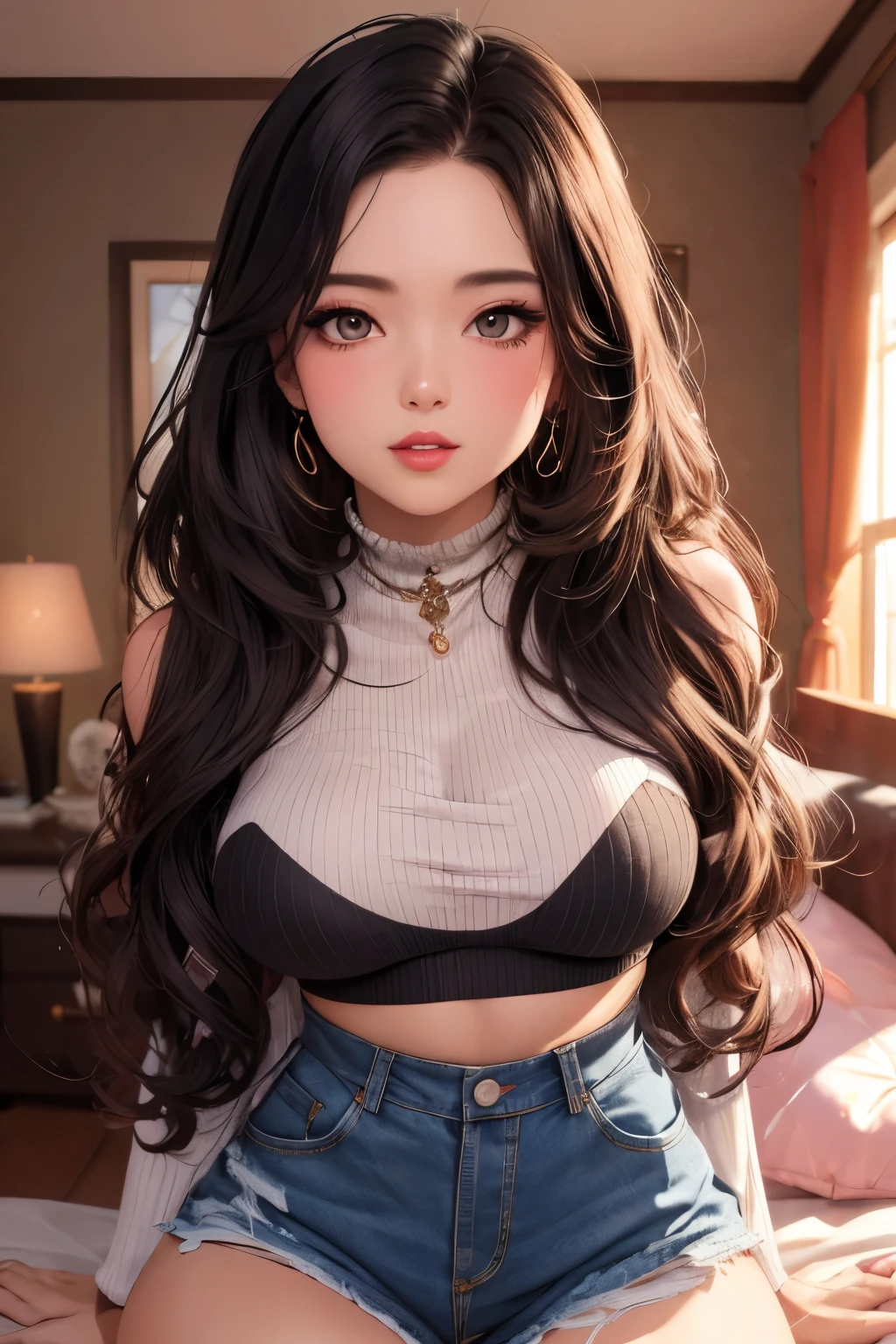Amazing portrait of a sultry and stunning woman with a captivating gaze and flawless makeup she's your childhood best friend who had a glow up wearing a black tank top and black short shorts showcasing her alluring figure including her thick thighs and wide hips emanating a provocative aura