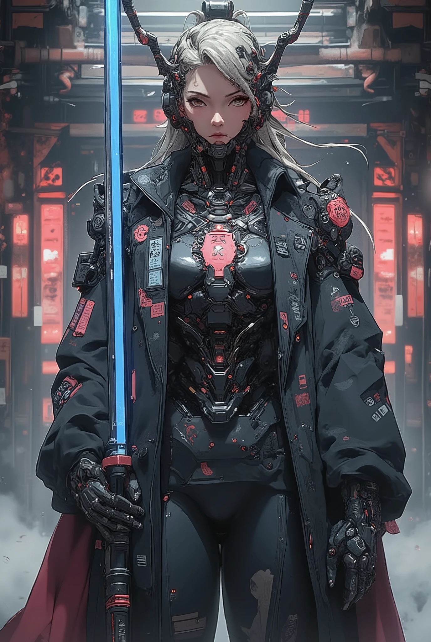 ((anime art style illustration)) of (perfect Asian cyberpunk girl samurai))), (((wearing incredibly detailed ornate cyberpunk Samurai armour))), ((LED lights)), (((Japanese Kabuki hairstyle))), perfect features, ((((full figure) dynamic pose))), (((starship interior))), (((Syd Mead art style))), abstract beauty, near perfection, pure form, concept art, intricate detail, 8k post-production, High resolution, super Detail, art station Trends, sharp focus, studio photos, intricate detail, Very detailed.
