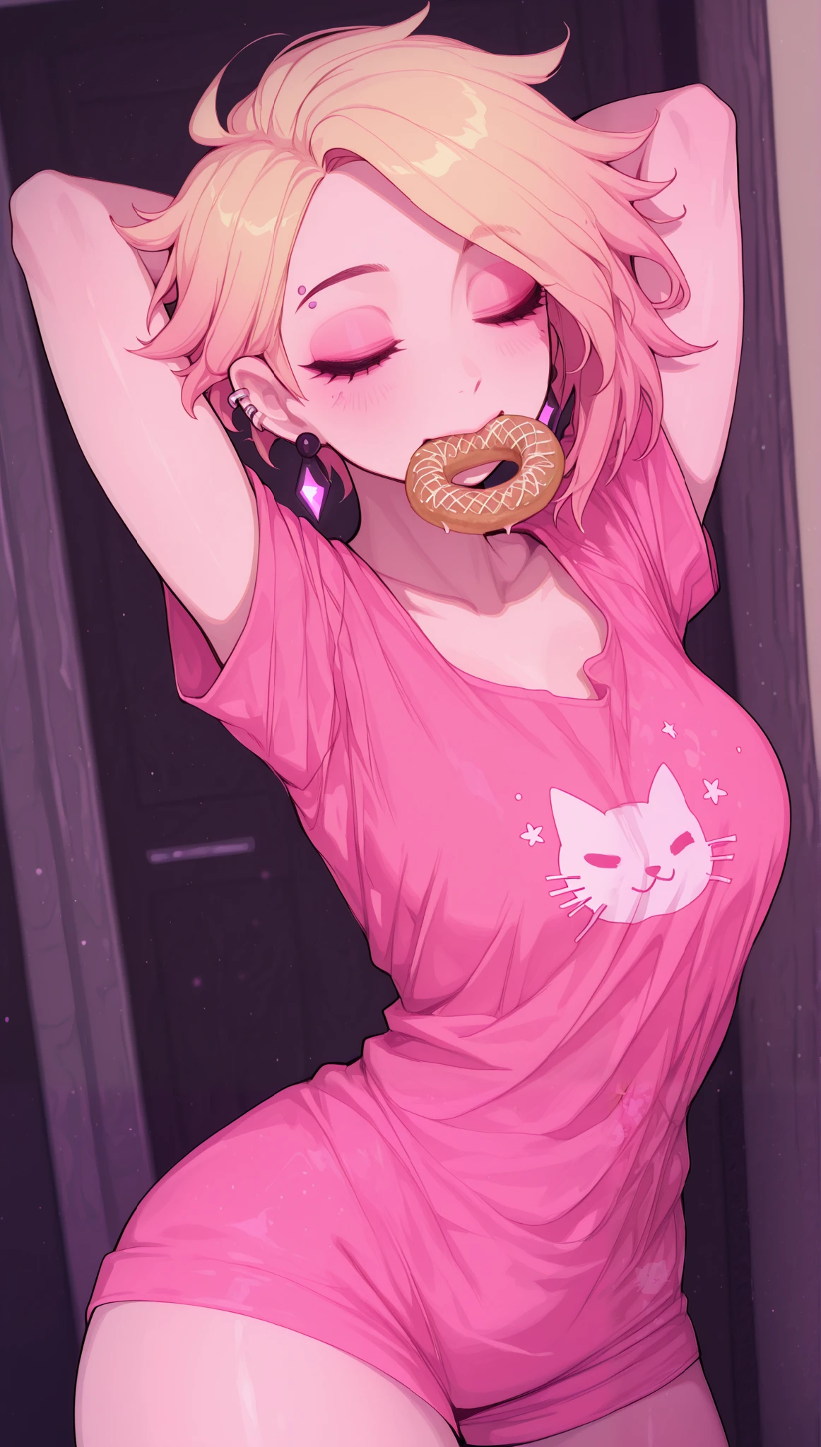 (masterpiece), (portrait), medium breasts (aesthetics), ((1 female 21 years old)), Highlight earrings), ((very short hair, piercing in the ear, punk girl style )), ((Hot blonde hair, messy hair, round biscuit in mouth, sleepy face)), straight hair, thin eyes open, closed eyes, cute, stretching, raises arms, woman, looking far away, just woke up, beautiful, female features, top, high quality, aesthetic clothing, professional angle, (rule of thirds), (feminine), (beautiful) , (female ) features), solo, (Korean attractive), summer, (ink haze), (afternoon), (vibrant light), seductive posture, ((face looking forward))), loose shirt, dropped shoulders, short and wide sleeves, cat print ((Energy)), (no makeup), (medium Breasts), Fair Skin, (Clothes with Hip Hop Details, horny and slutty voluptuous woman), (a femboy girl, hot fit, voluptuous mature body, super curvy body), (Sleep Neckline), Beautiful Hands, Body beautiful, beautiful ears, beautiful eyes, bright eyes, beautiful mouth, beautiful lips, needy expression, bedroom, closet and bed, hot and thick thighs