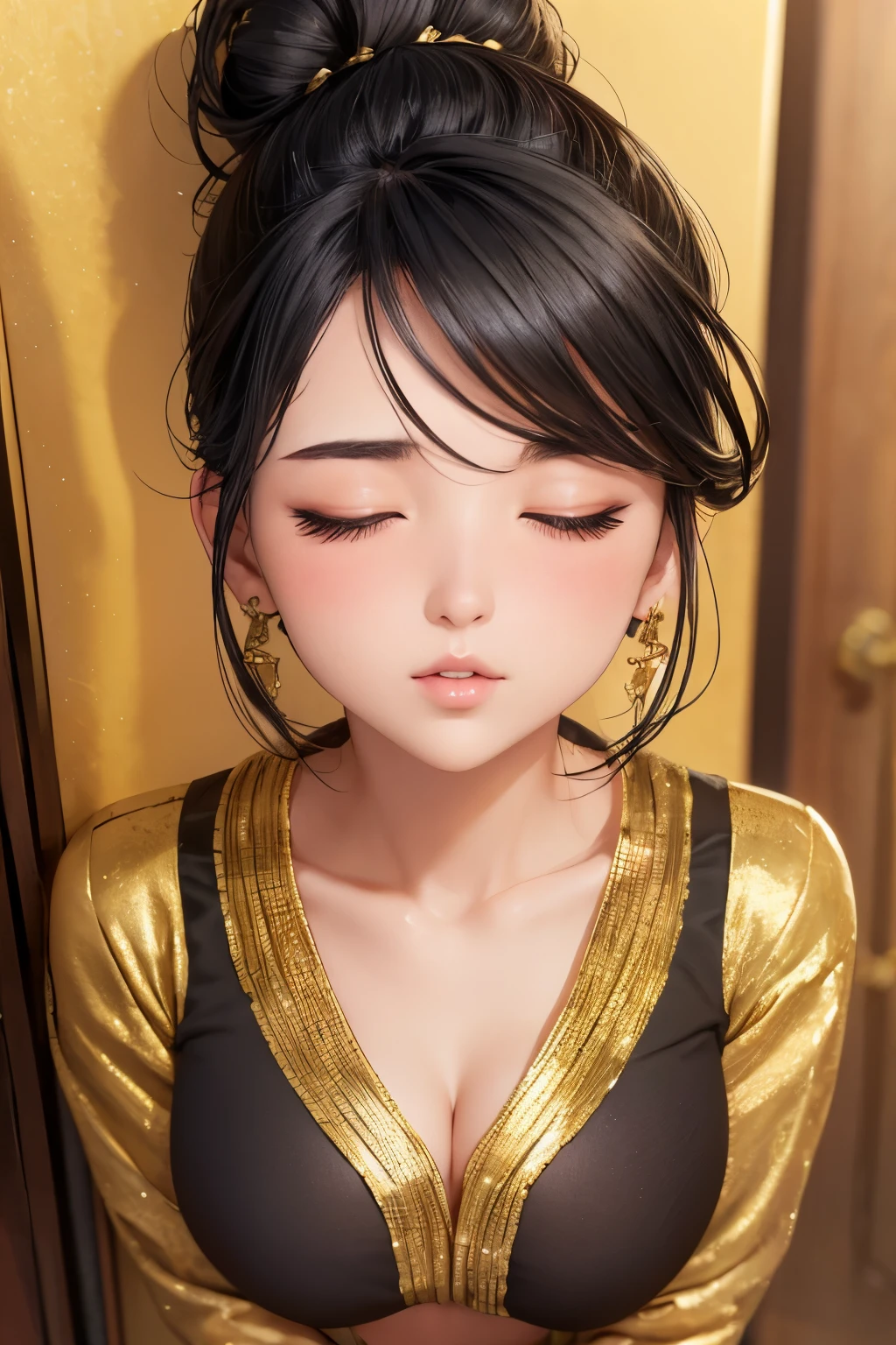 Sexy woman, black hair tied in a bun, smokey eyes, eyeliner, blushing intensely, fairest skin, plump face, soft lips, gold blouse, white saree with gold borders, pinned against a wall