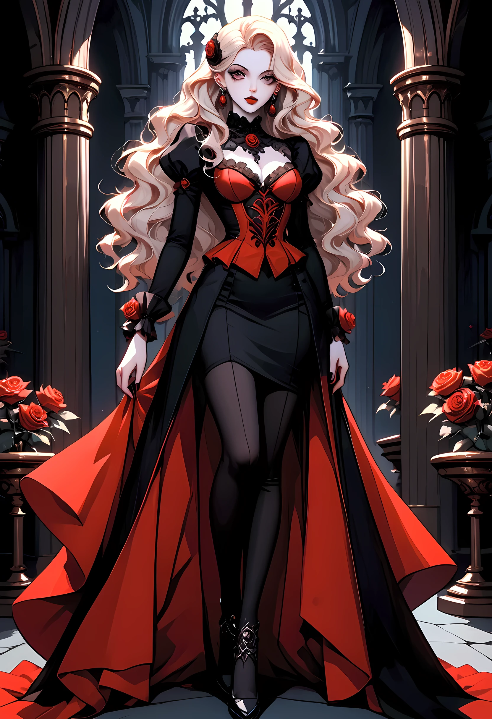 modisn disney, Arafed,  Dark fantasy art, fantasy art, goth art, a picture of a goth woman, pale white skin, blond hair, Ultra detailed face, Best Detailed face, long hair, wavy hair, grey eyes, she wears a (red: 1.3) red tight suit, the roses are imprinted on the suit (black: 1.4) black roses, high heels, full body shot, dark glamour shot, dark castle, dark, black and color, PASTELGOTH, 
