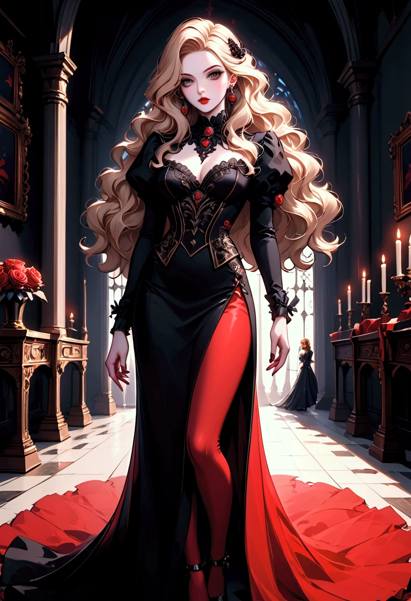 a glamour picture shot,  ((full body: 1.5) of an elite vampire model, walking on a (dark catwalk: 1.2), an extraordinary glamourous elite female vampire model, ((full body: 1.5)),  ((anatomically correct: 1.5), (ultra detailed face: 1.2), best detailed face, blond hair, long hair, lush hair, red eyes, delicate face, light make up, wearing intricate blue detailed dress, glamour dress, haute couture dress, elite fashion dress, white dress, decorated with diamonds,  small cleavage, wearing high heels, elegant high heels, she wears diamond necklace, elite fashion show background, vibrant, Hyperrealism style, vibrant, Ultra-high resolution, High Contrast, (masterpiece:1.5), highest quality, Best aesthetics), best details, best quality, highres, ultra wide angle, 16k, [ultra detailed], masterpiece, best quality, (extremely detailed) RAW, hud_s1n, short black dress, long sleeves, veil, thighhighs, rpg portrait, photograph, BloodSoakedAI, vampire teeth