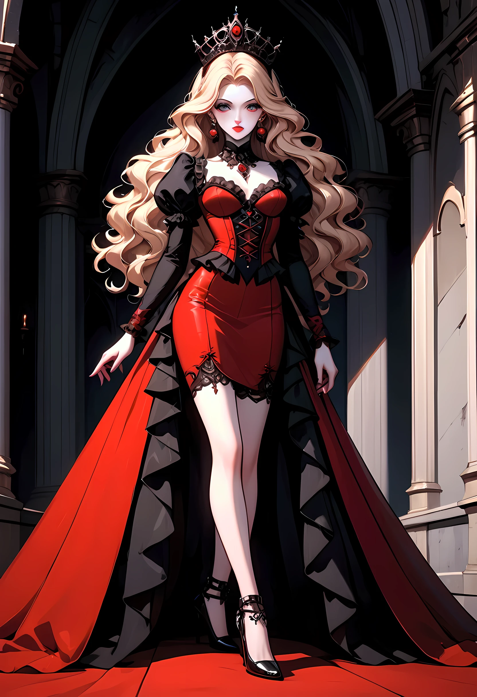 modisn disney, Arafed, Dark fantasy art, fantasy art, goth art, a picture of a goth woman, pale white skin, blond hair, Ultra detailed face, Best Detailed face, long hair, wavy hair, grey eyes, she wears a (red: 1.3) red tight suit, the roses are imprinted on the suit (black: 1.4) black roses, high heels, full body shot, dark glamour shot, dark castle, dark, black and color, PASTELGOTH,