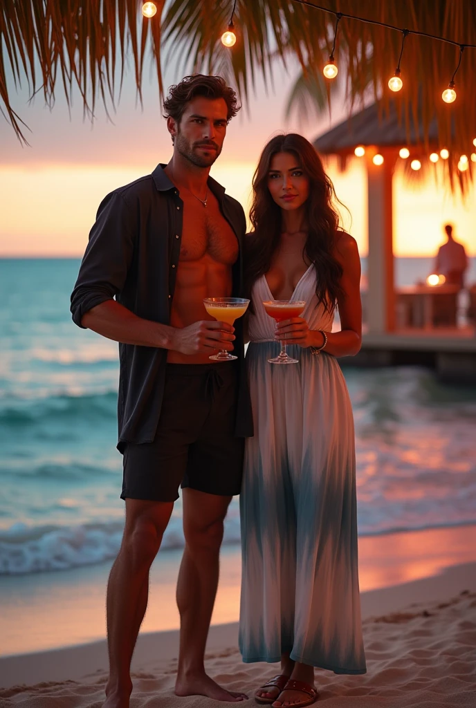 Beautiful couple on the beach, with books and drinks 

